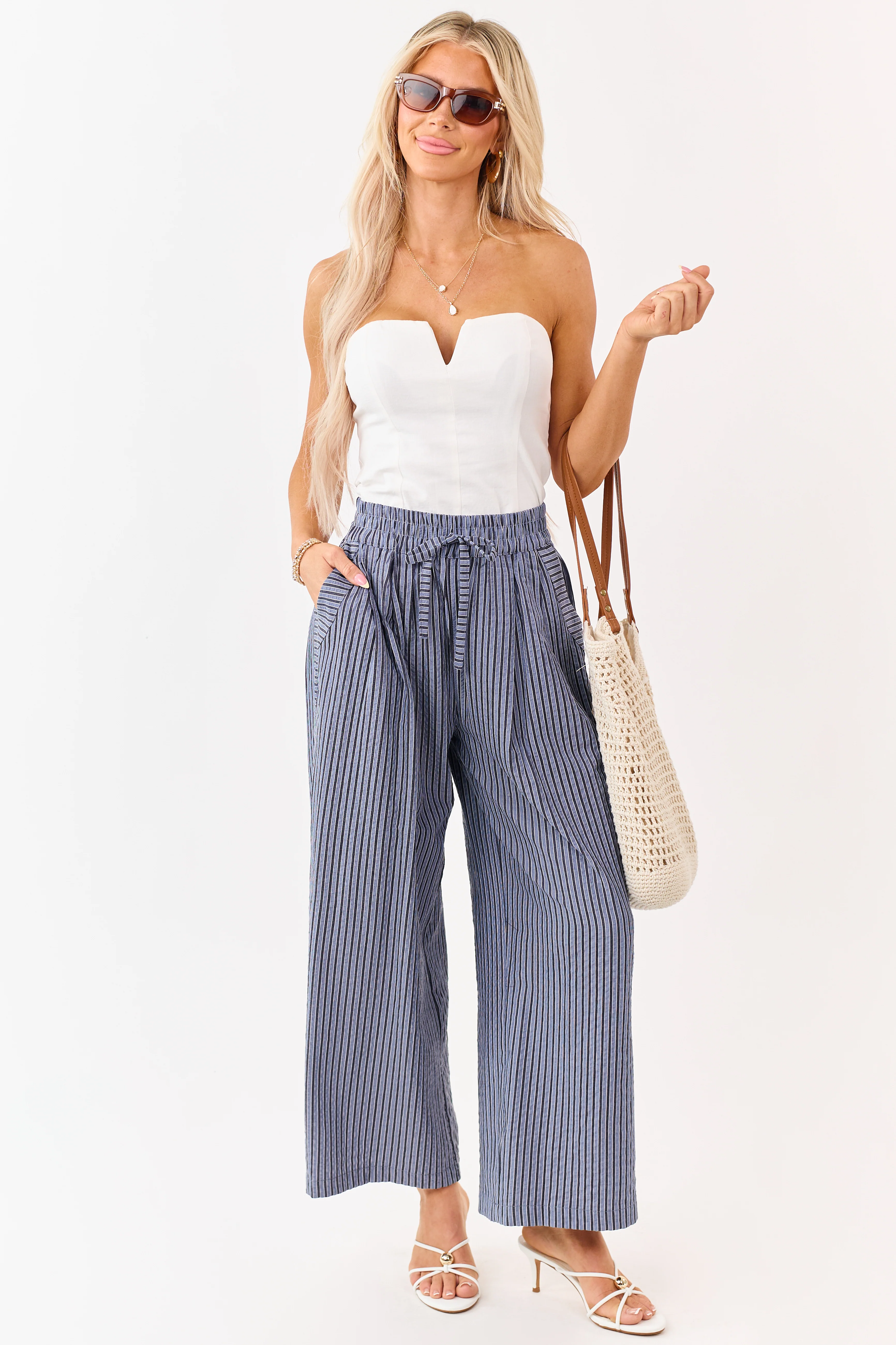 Dusty Blue and Navy Striped Wide Leg Pants - Image 7