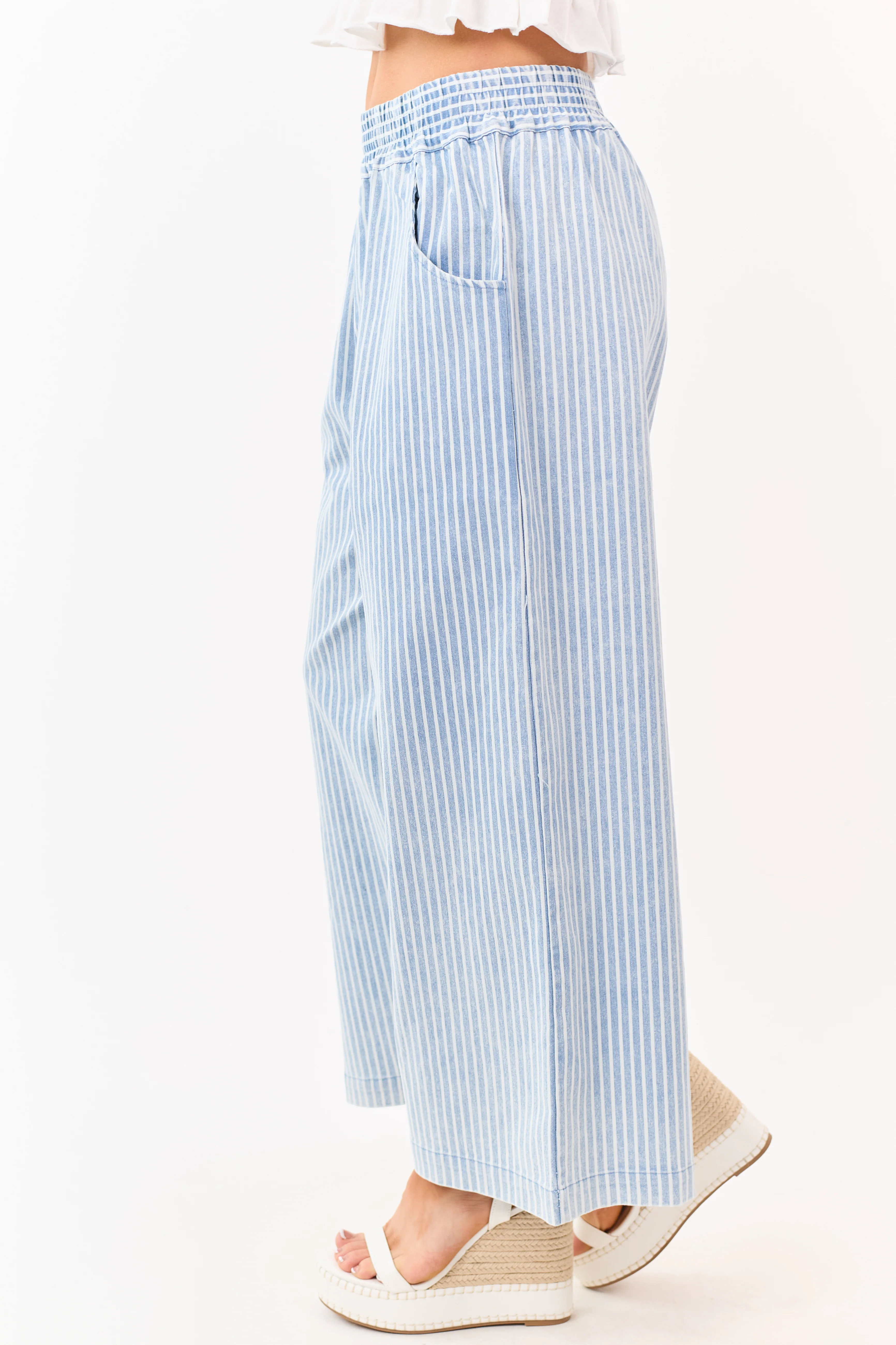 Dusty Blue Railroad Striped Elastic Waist Wide Pants - Image 3