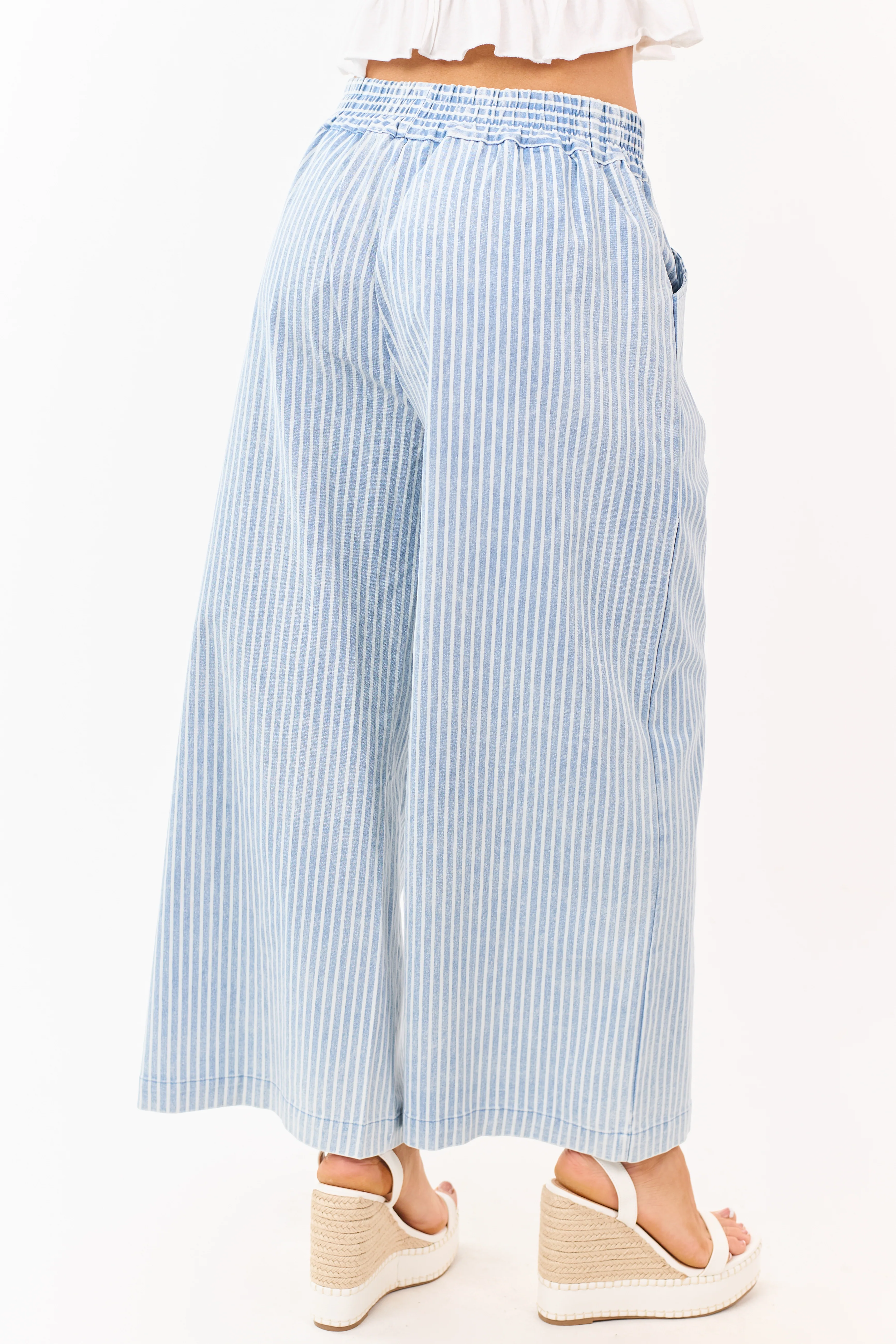 Dusty Blue Railroad Striped Elastic Waist Wide Pants - Image 4