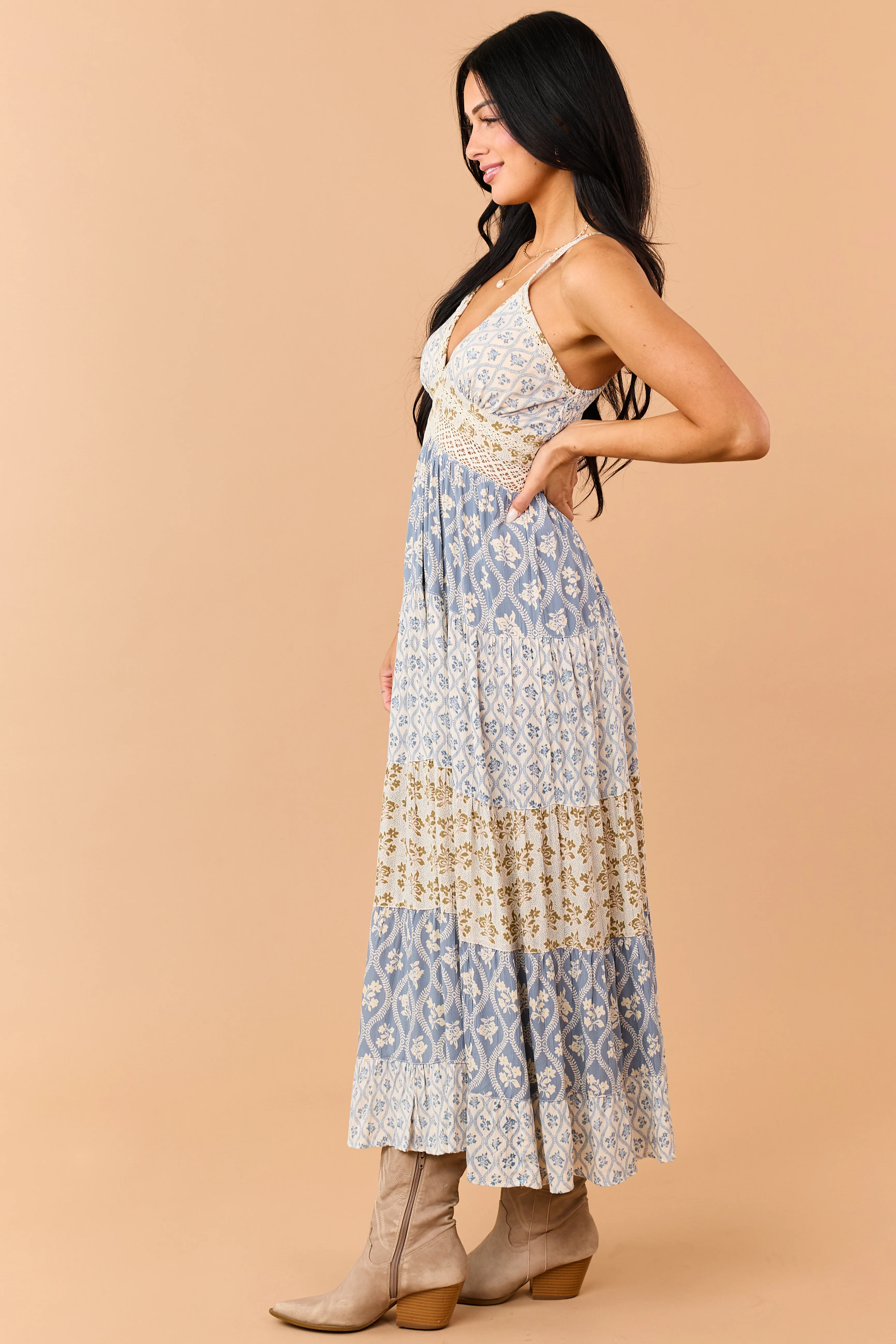 Dusty Blue Tiered Floral Print Lace Waist Maxi Dress - Image 5