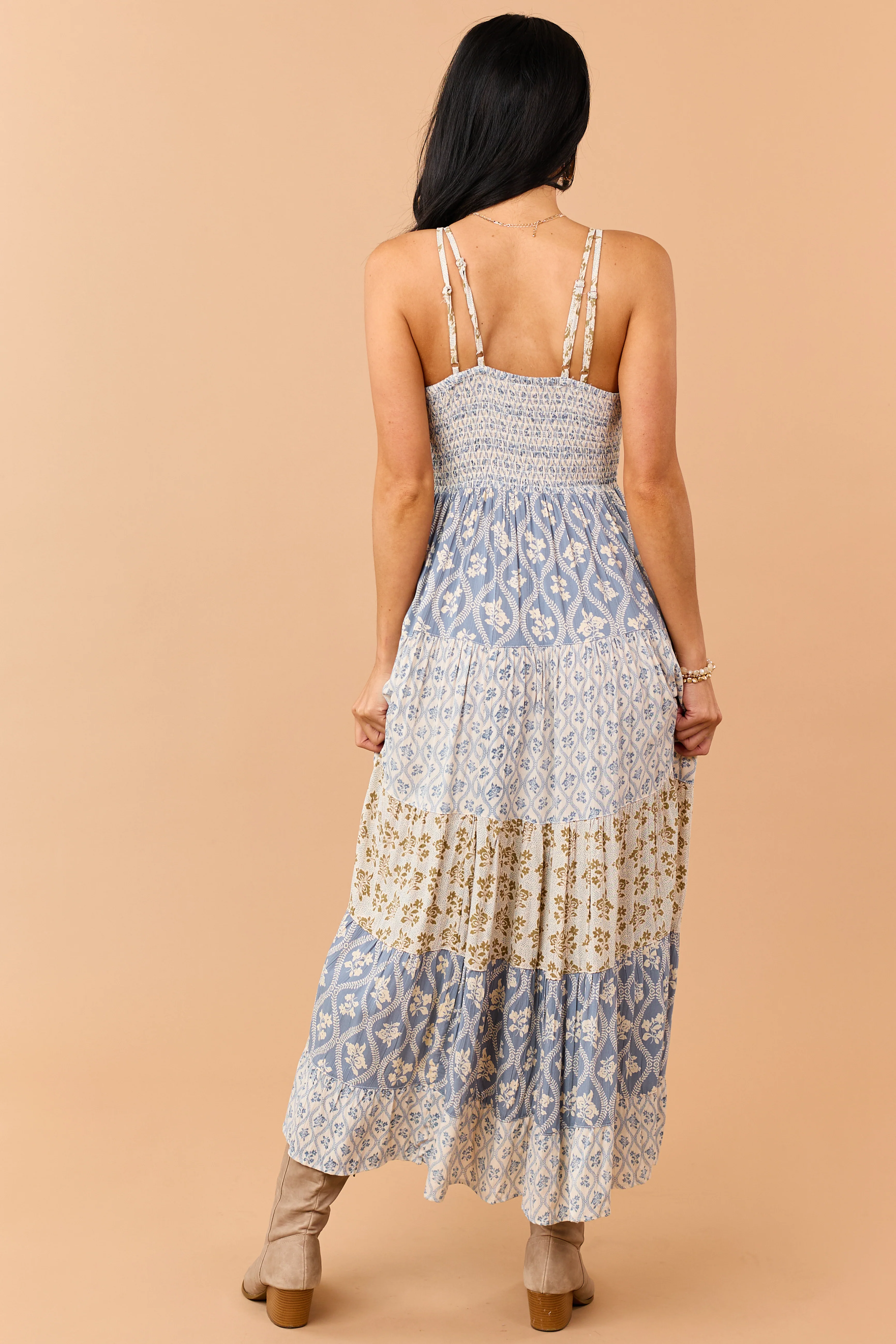 Dusty Blue Tiered Floral Print Lace Waist Maxi Dress - Image 6