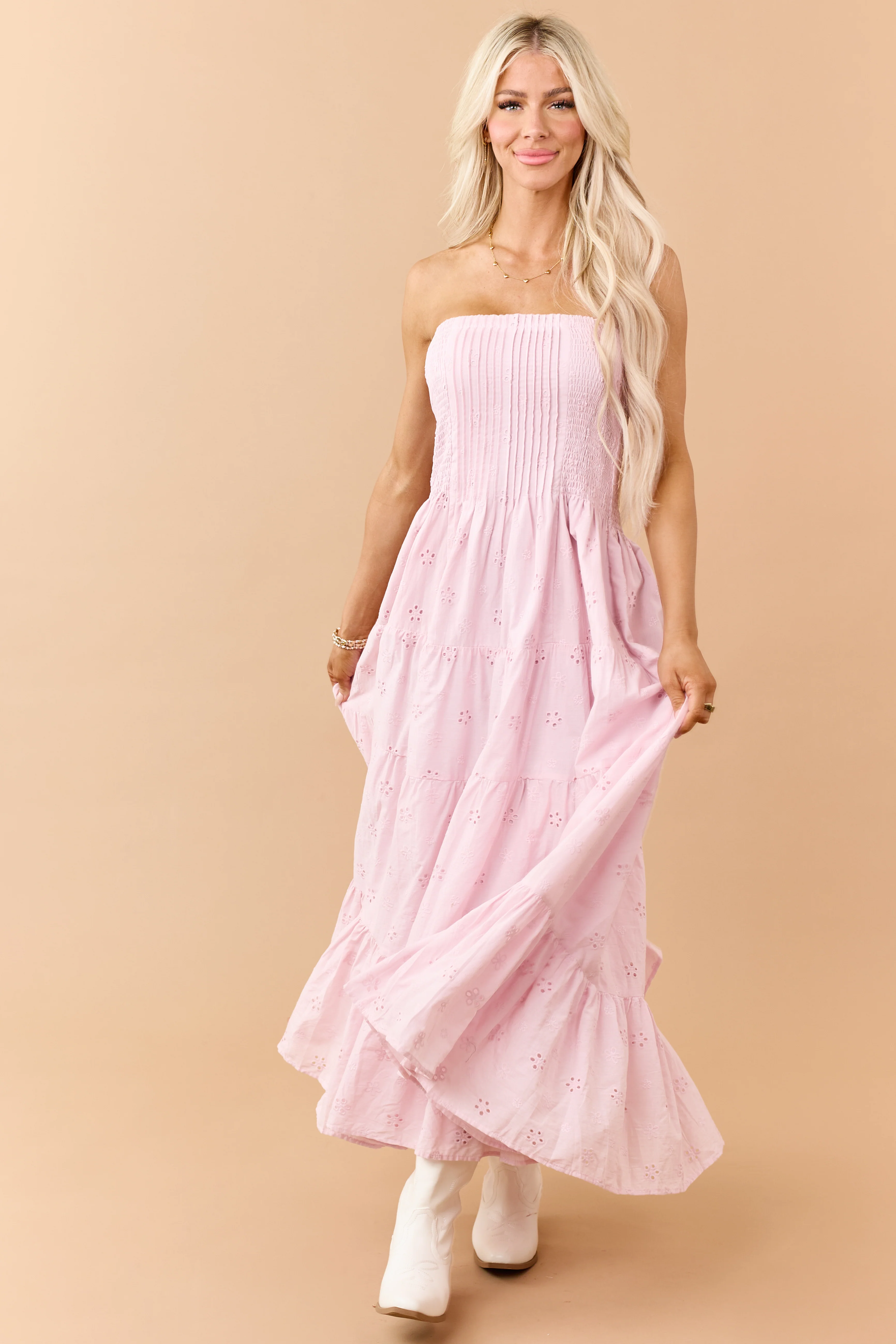 Dusty Blush Eyelet Cotton Pintuck Bodice Midi Dress - Image 2