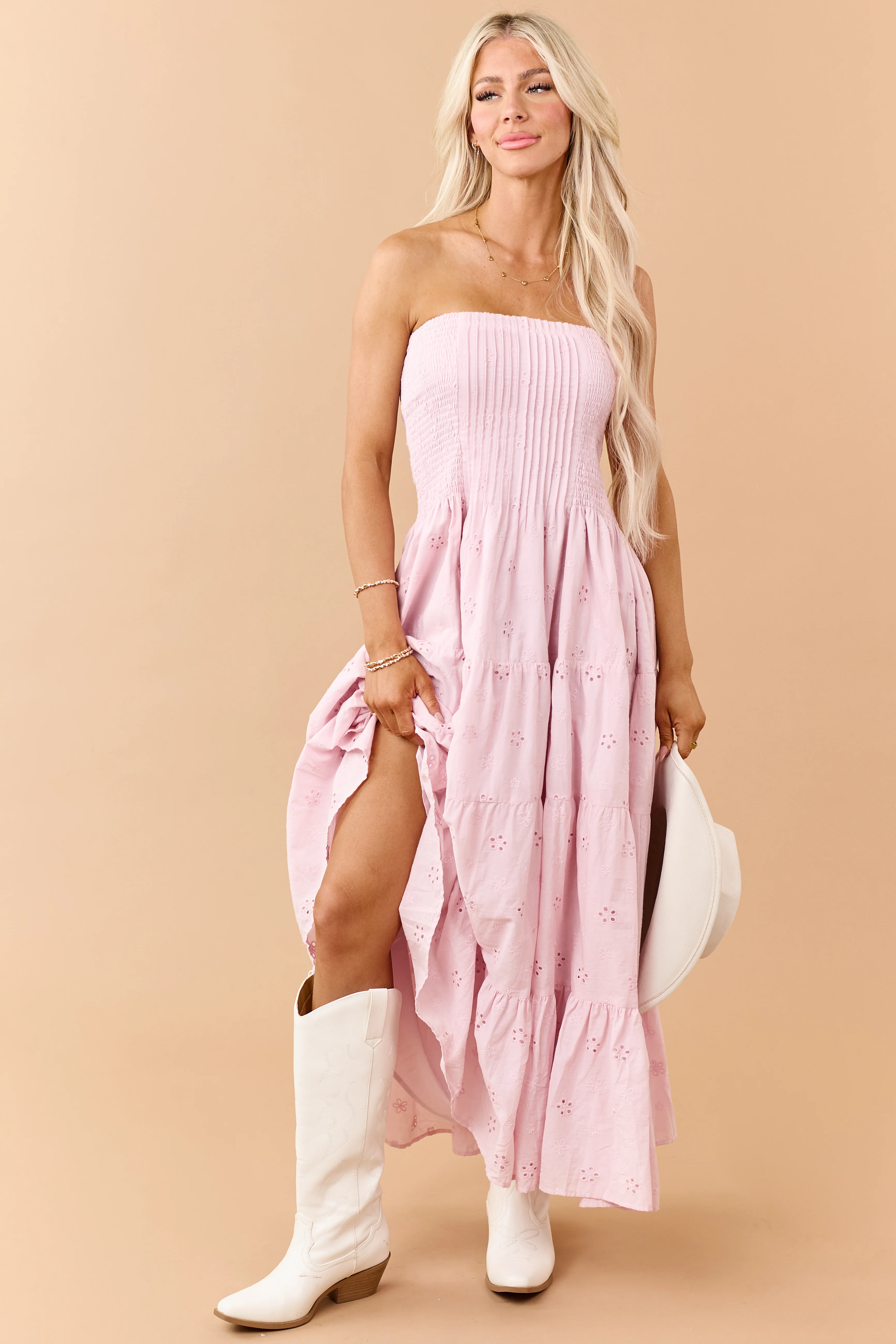 Dusty Blush Eyelet Cotton Pintuck Bodice Midi Dress - Image 3