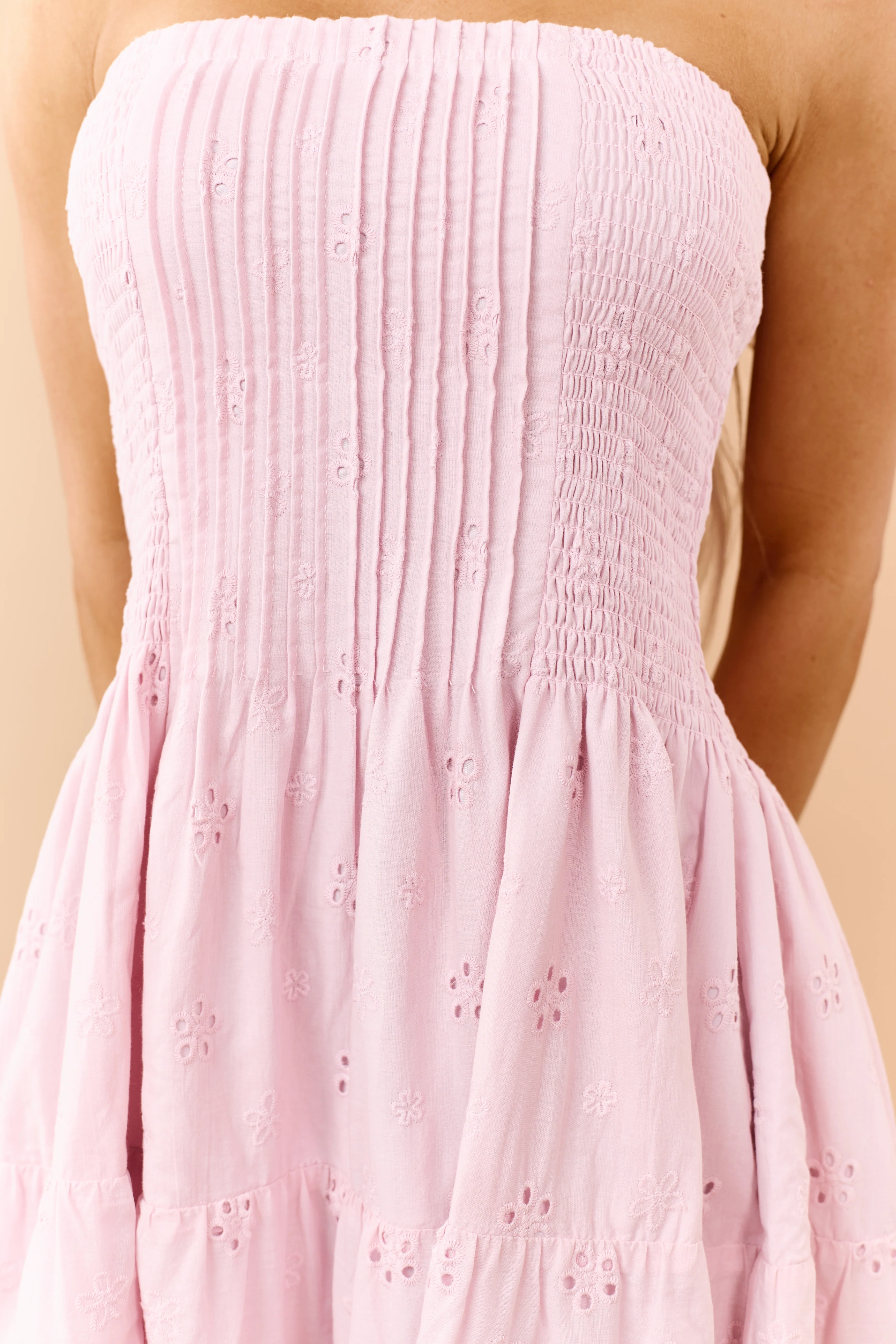 Dusty Blush Eyelet Cotton Pintuck Bodice Midi Dress - Image 7