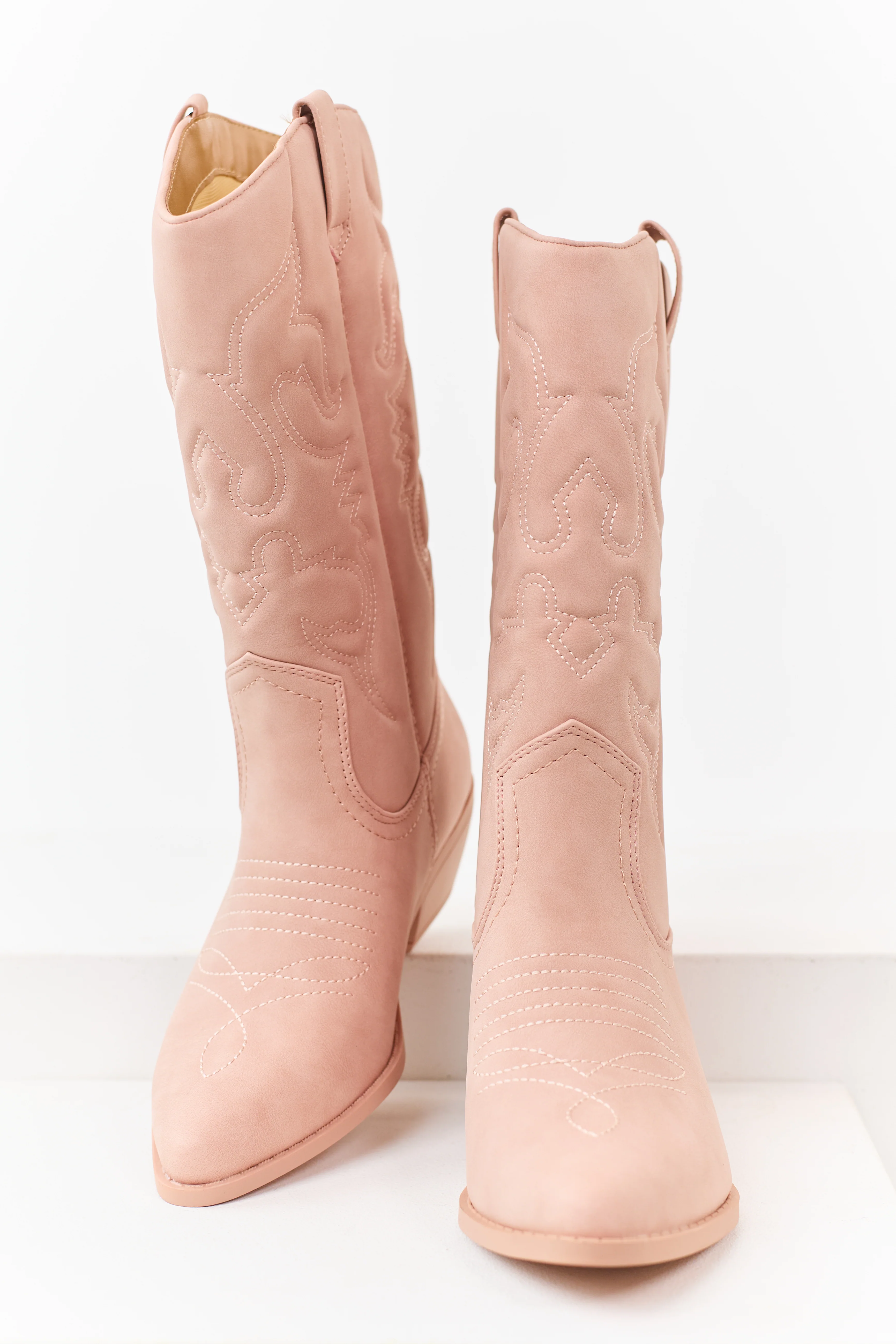 Dusty Blush Faux Leather Pointed Toe Western Boots - Image 2