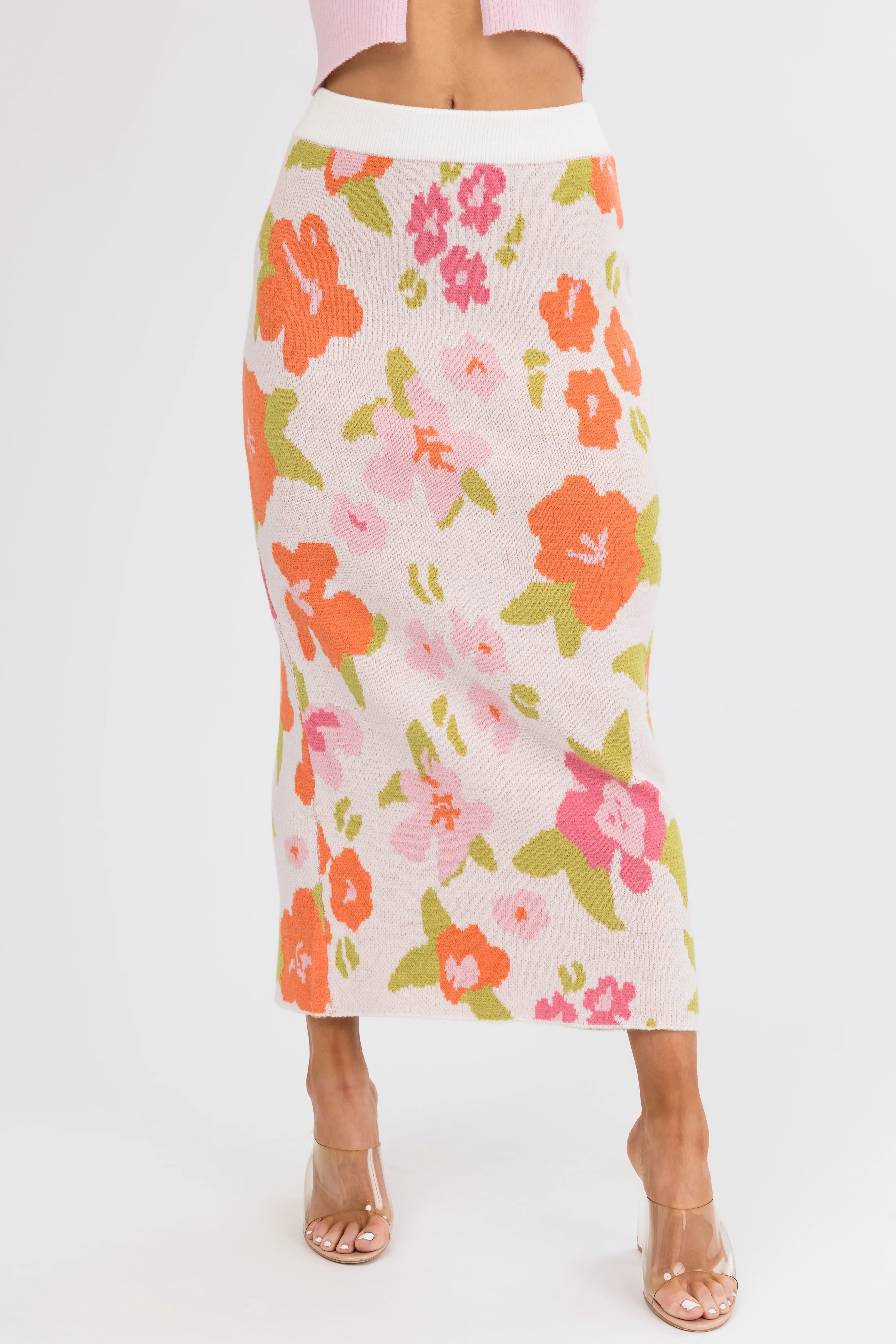Dusty Blush Floral Print Knit Midi Skirt - Image 10