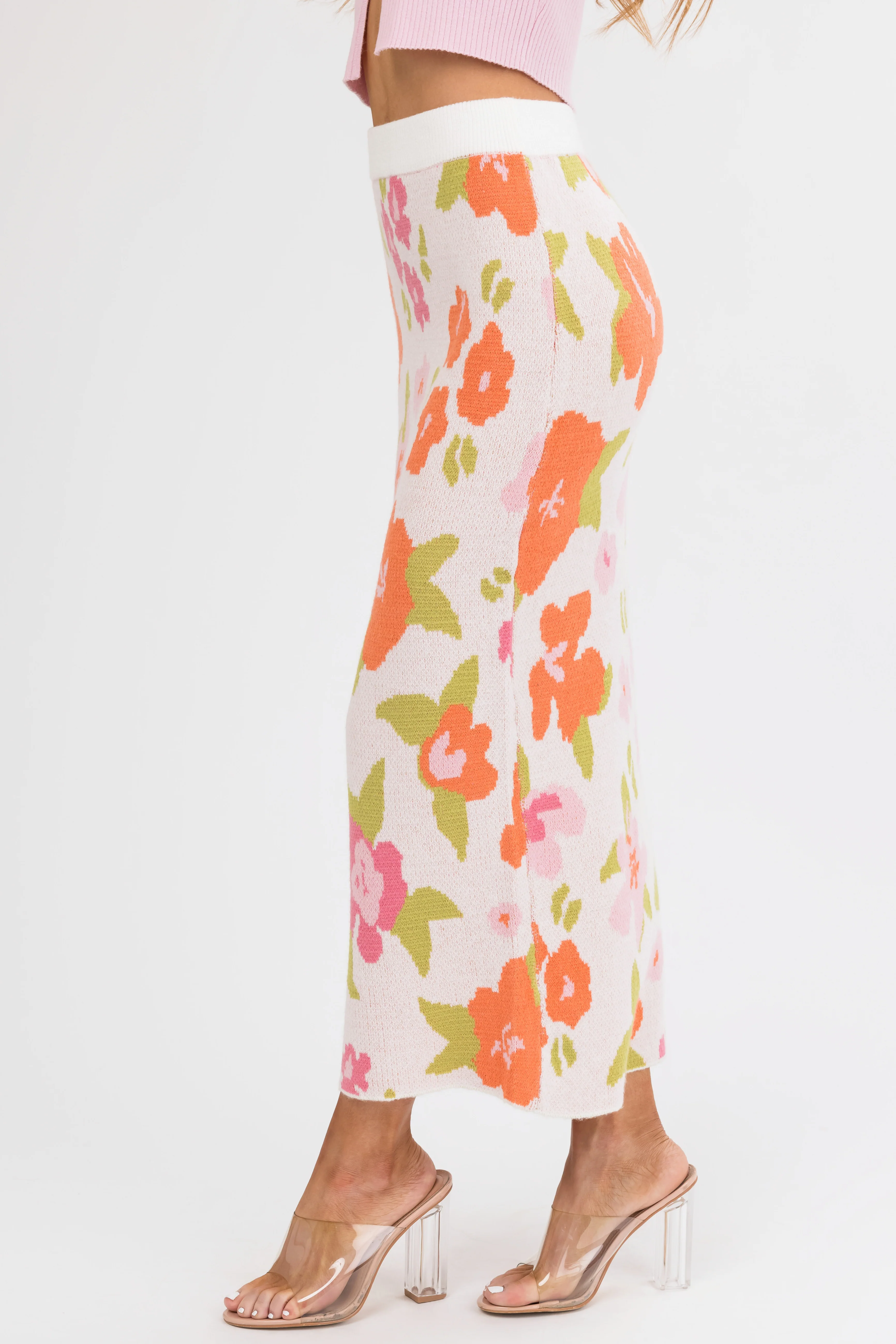Dusty Blush Floral Print Knit Midi Skirt - Image 11