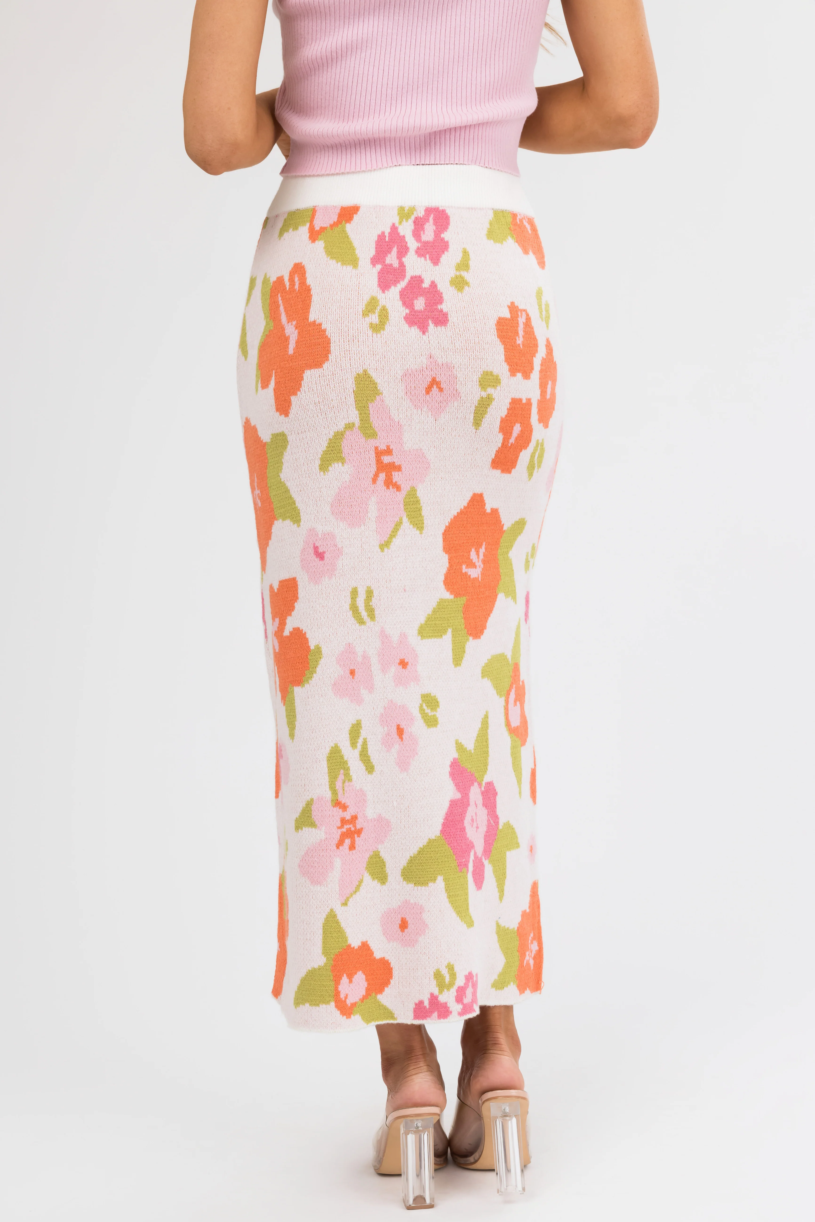 Dusty Blush Floral Print Knit Midi Skirt - Image 12