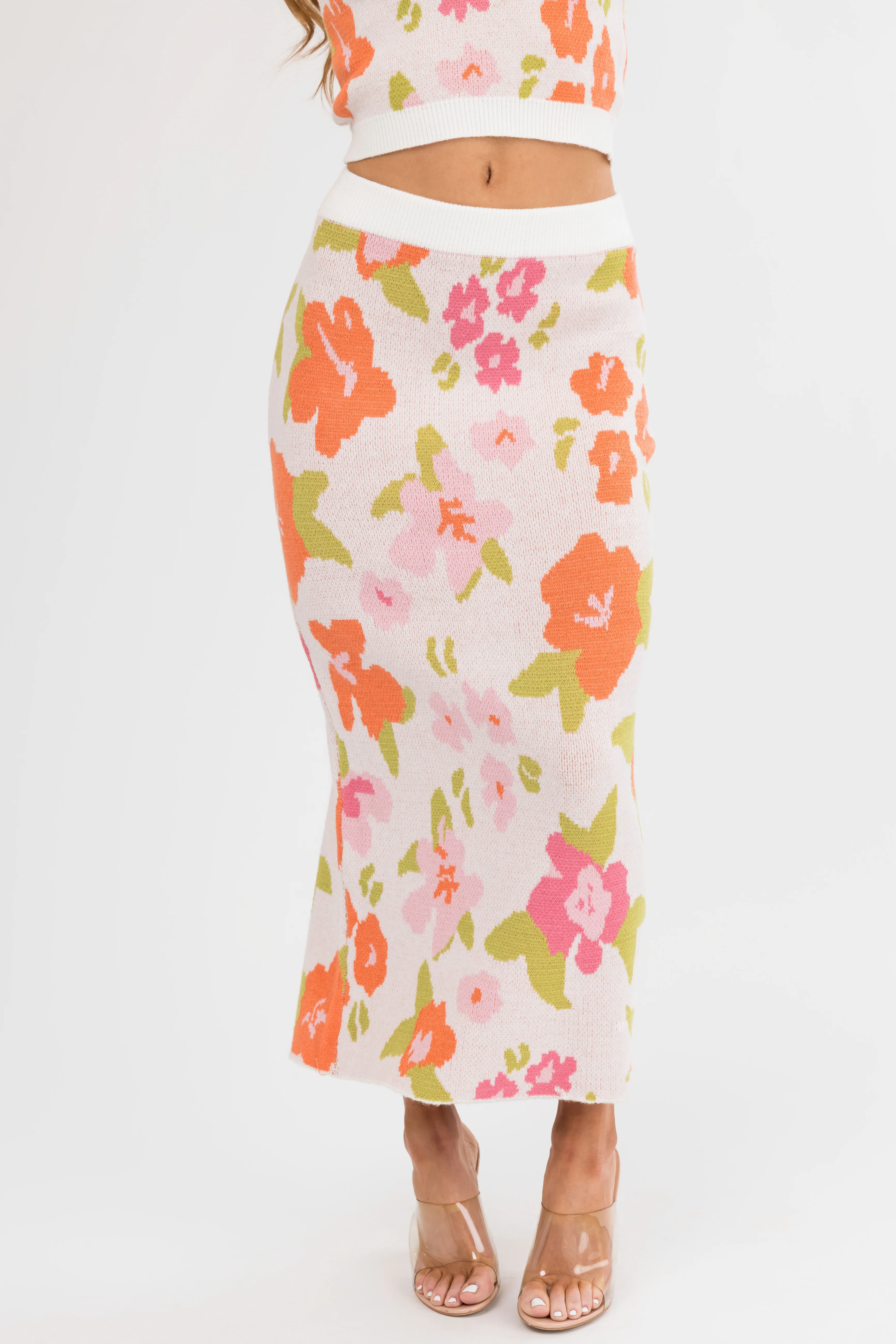 Dusty Blush Floral Print Knit Midi Skirt - Image 2