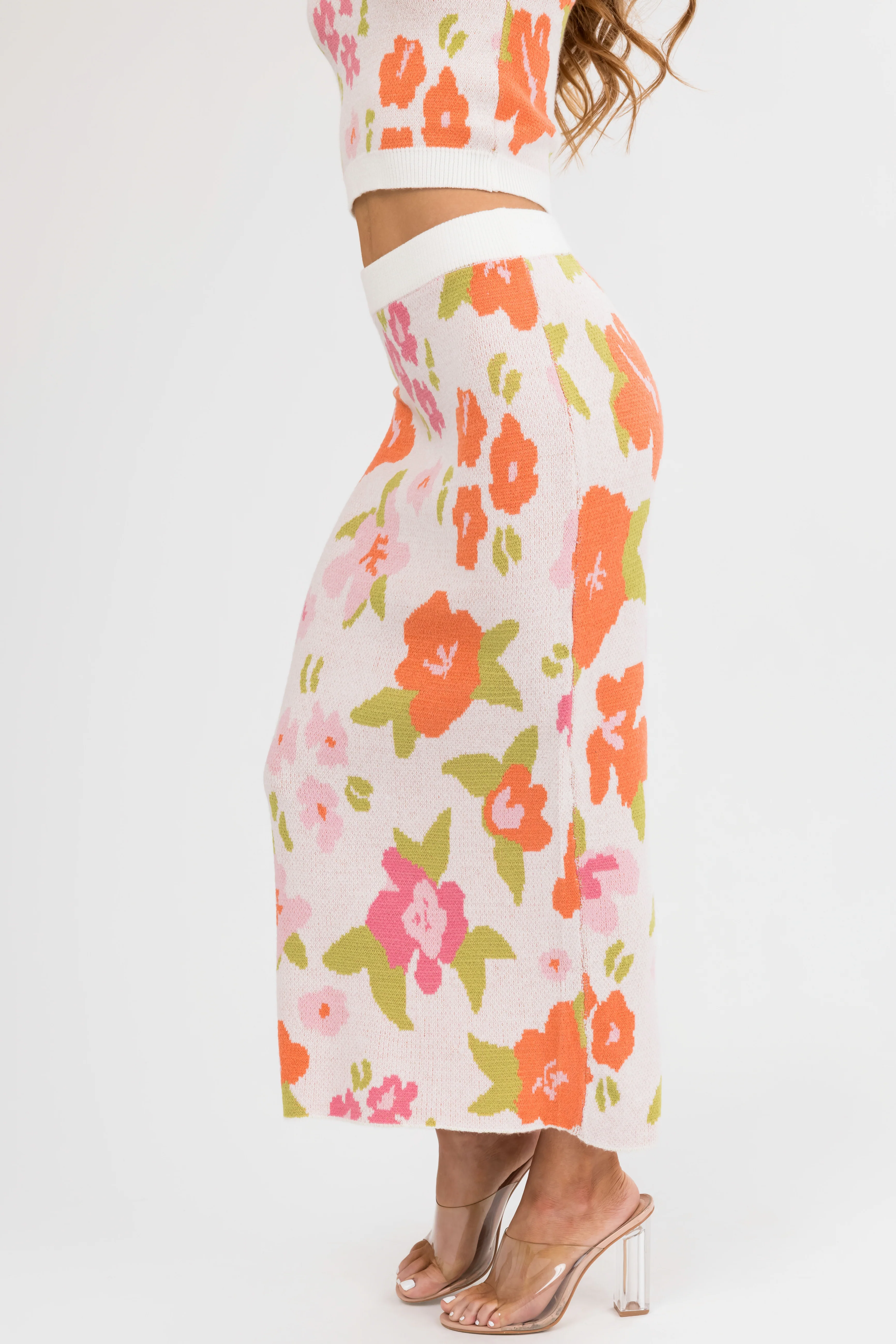 Dusty Blush Floral Print Knit Midi Skirt - Image 3