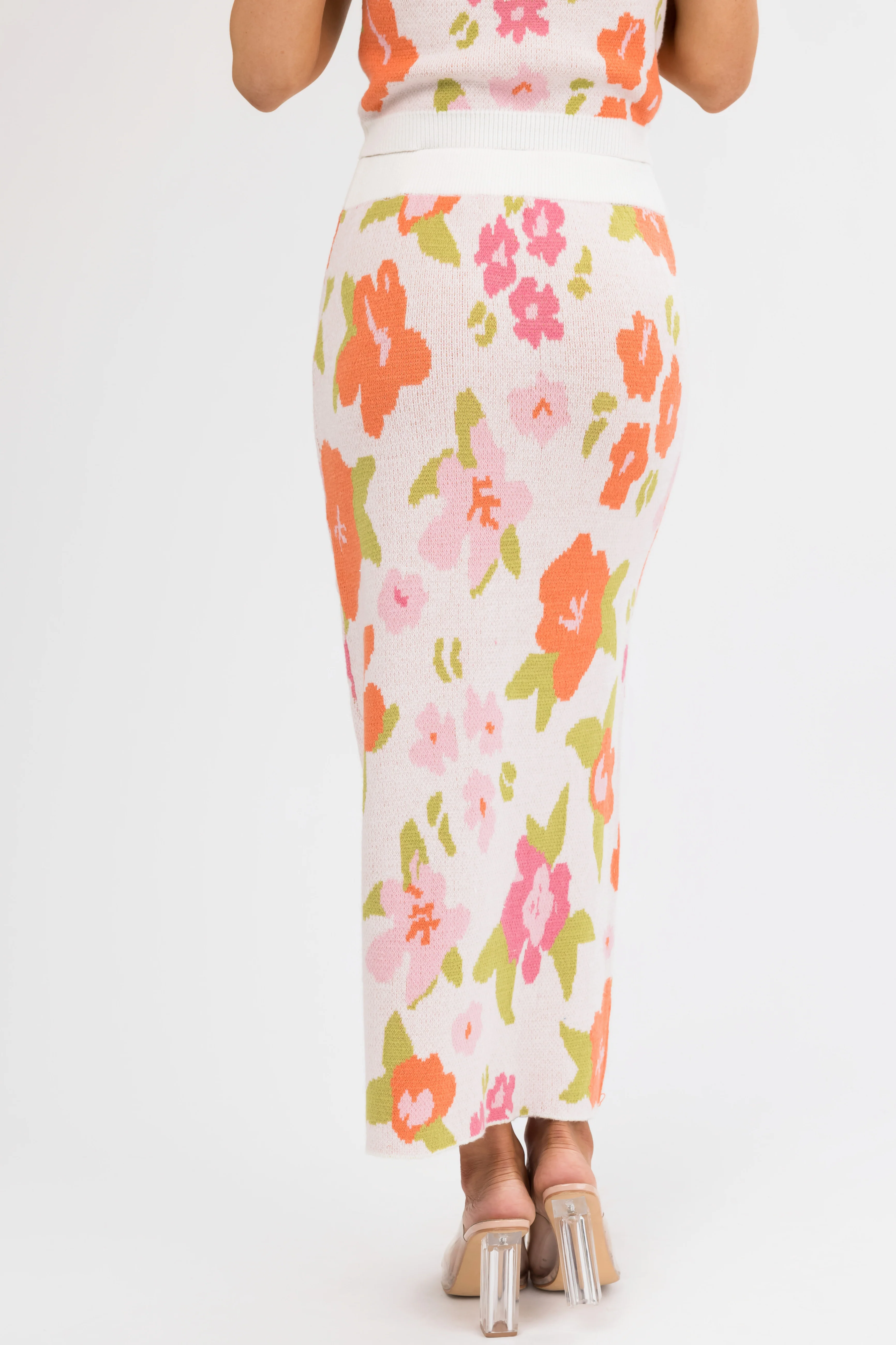 Dusty Blush Floral Print Knit Midi Skirt - Image 4