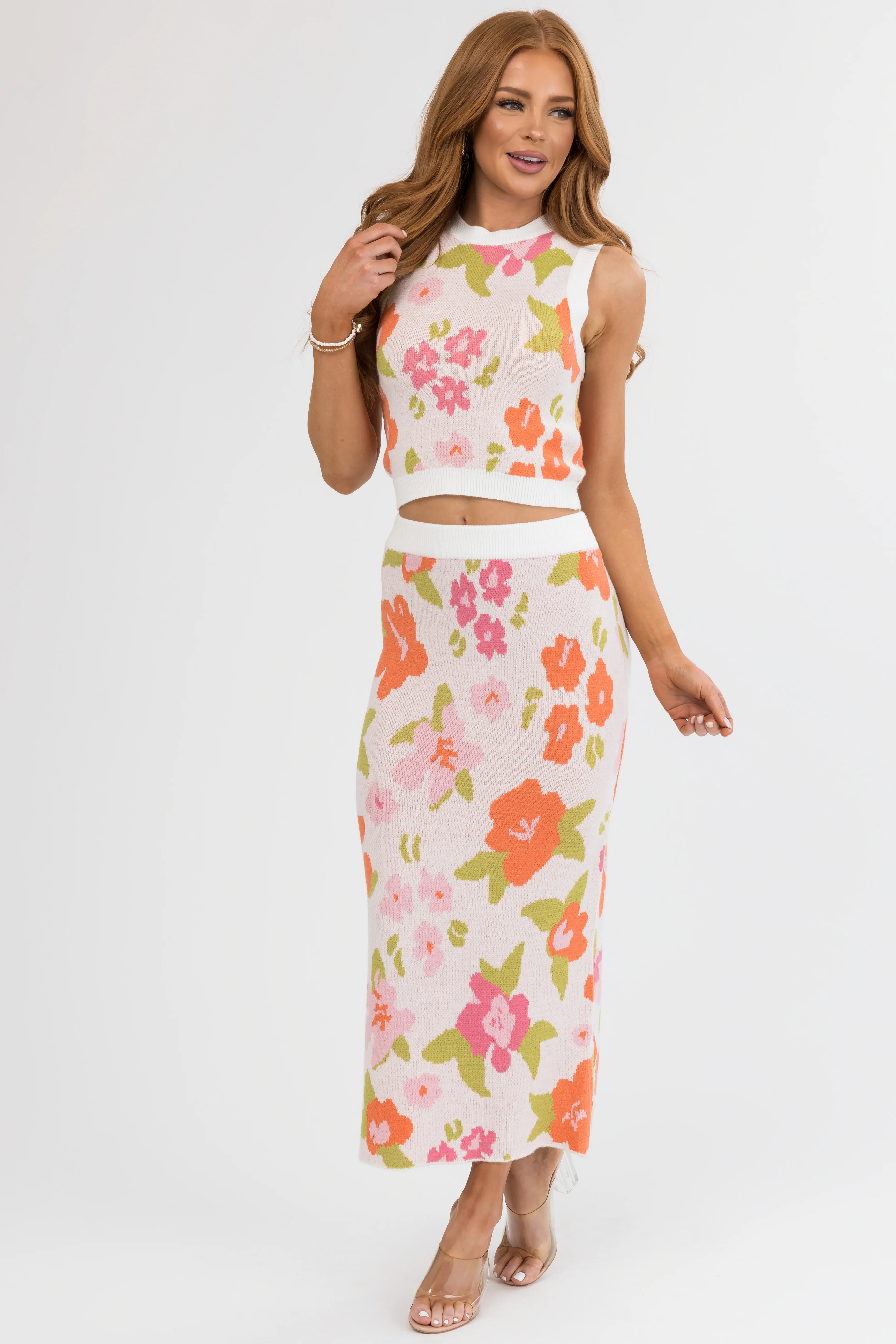 Dusty Blush Floral Print Knit Midi Skirt - Image 6