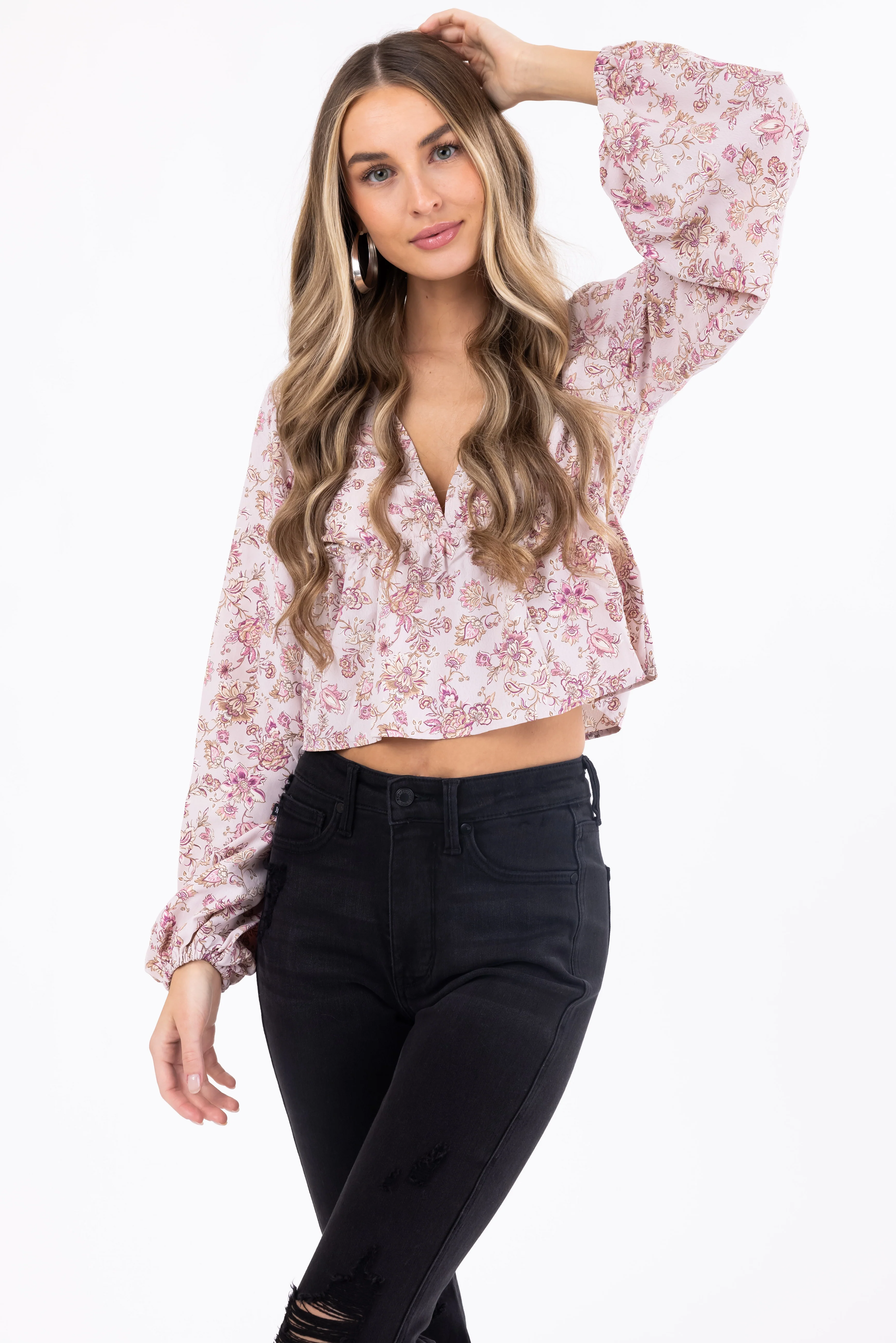 Dusty Blush Floral Print V Neck Long Sleeve Top - Image 2