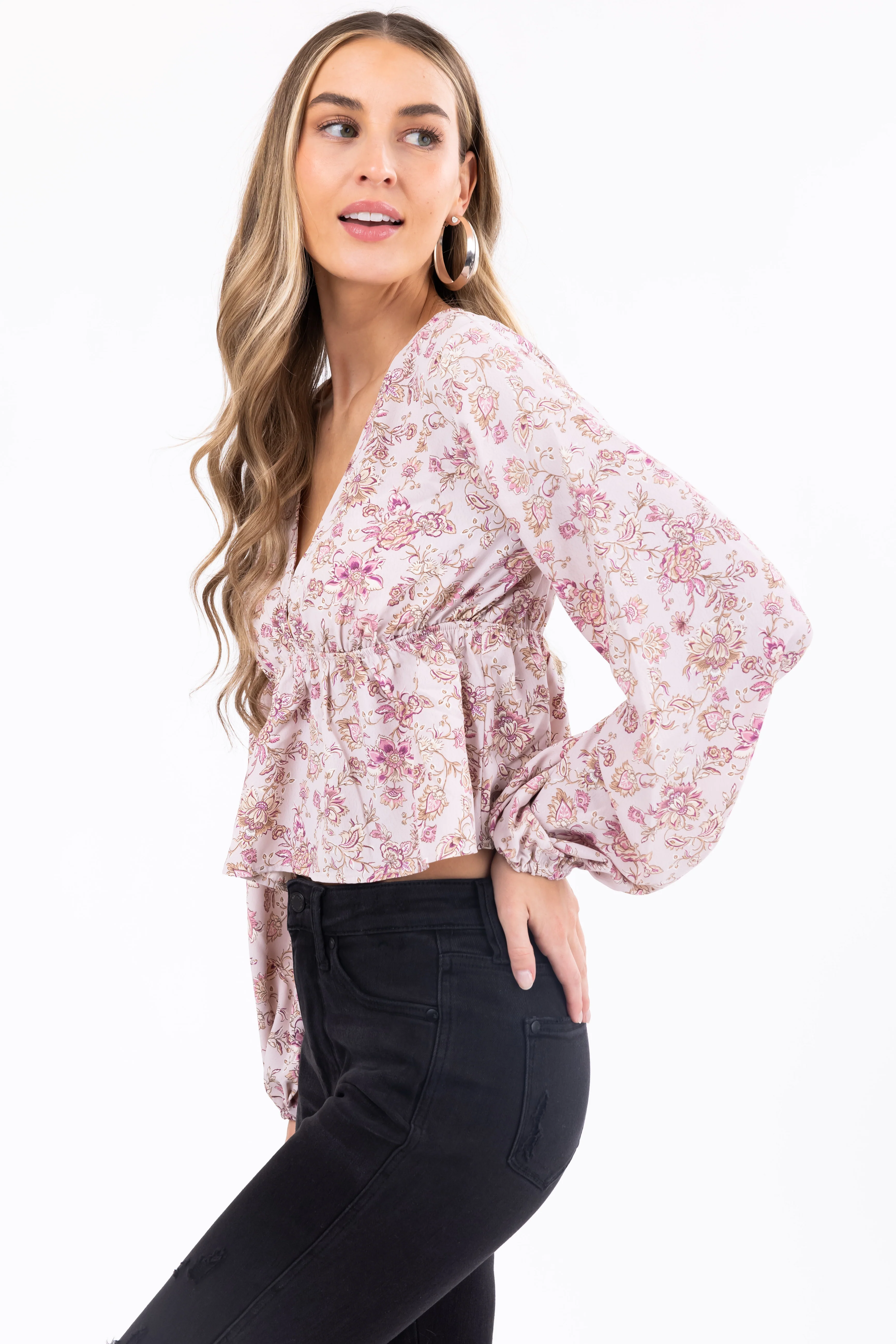 Dusty Blush Floral Print V Neck Long Sleeve Top - Image 4