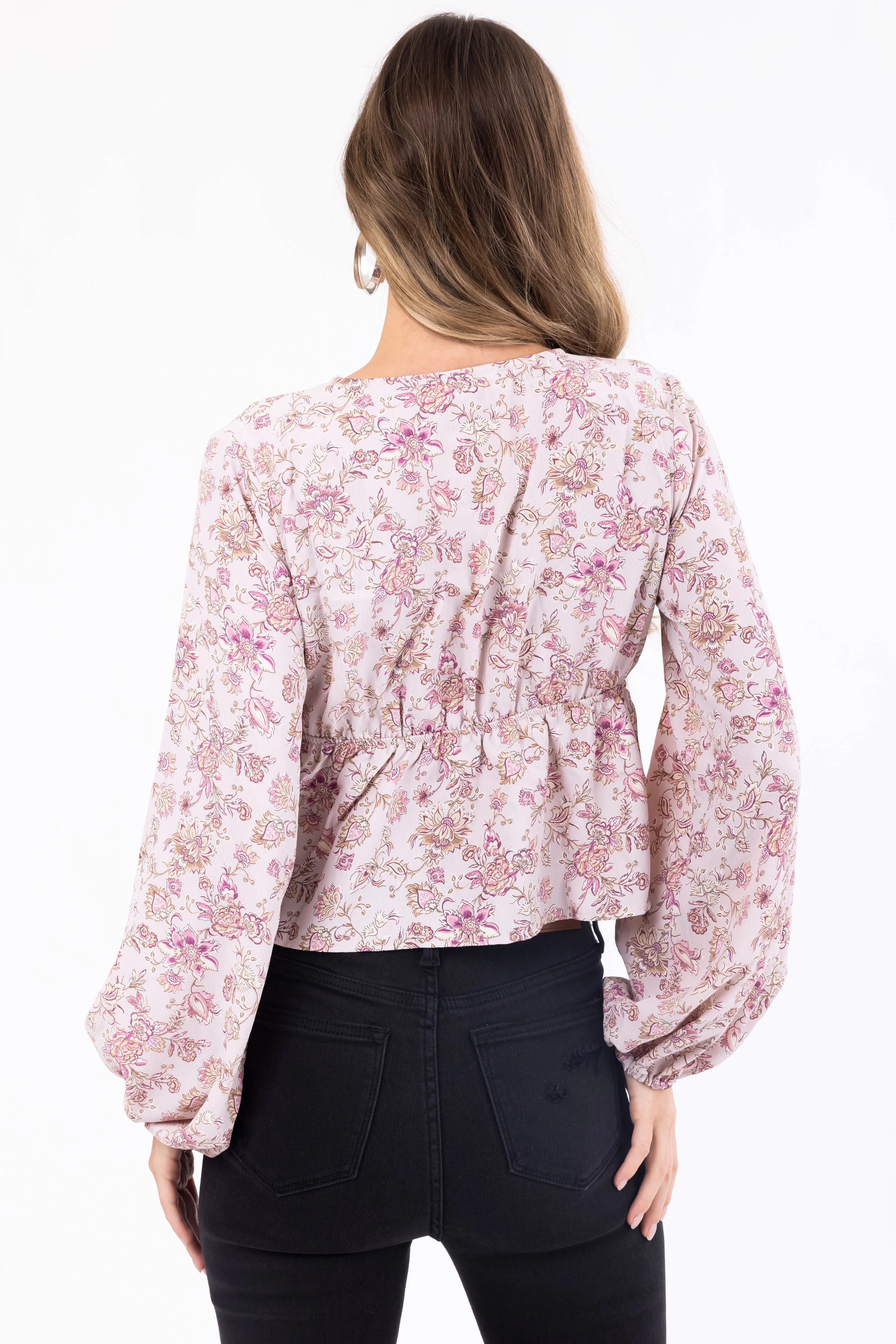 Dusty Blush Floral Print V Neck Long Sleeve Top - Image 5