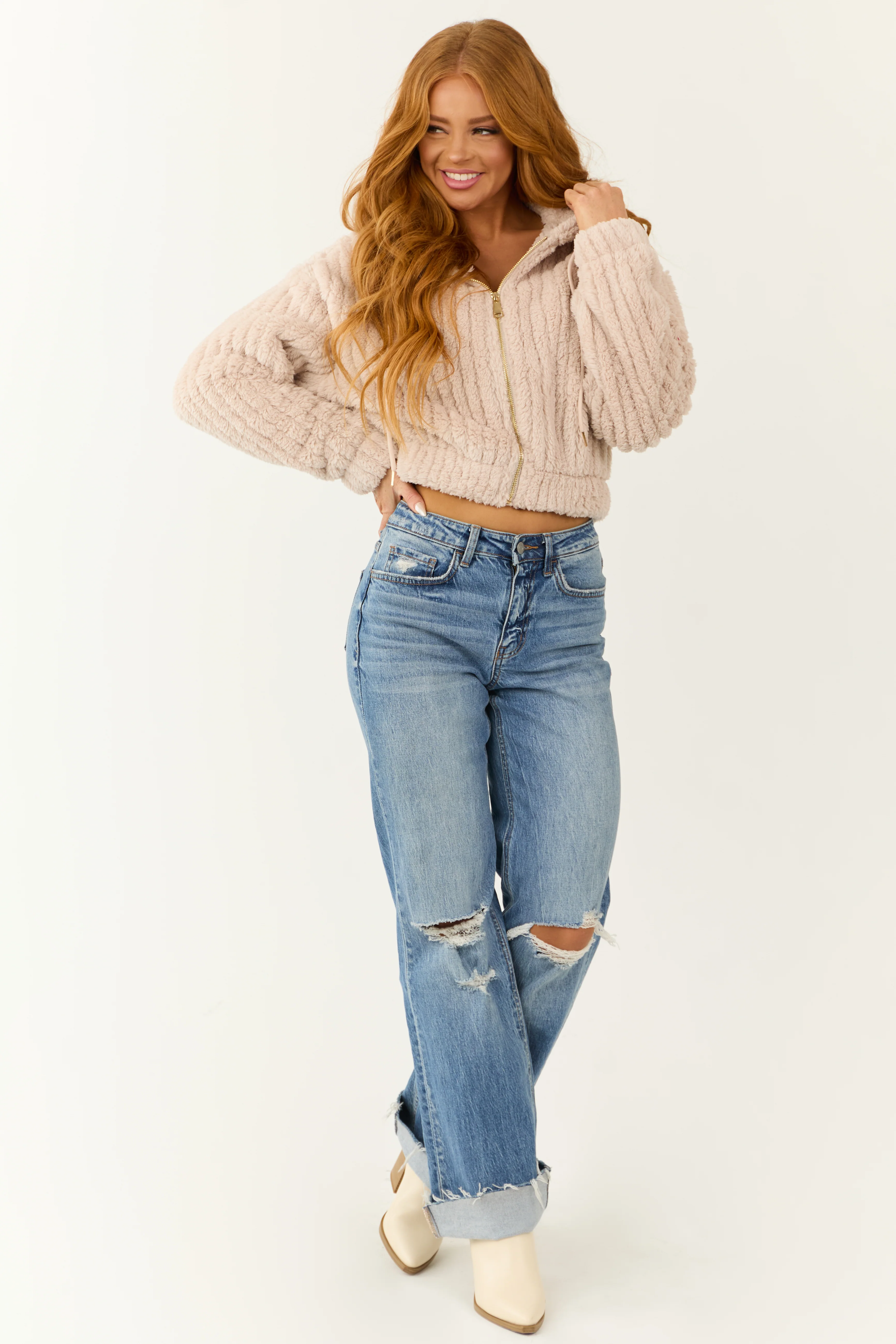Dusty Blush Hooded Ribbed Faux Fur Jacket - Image 2
