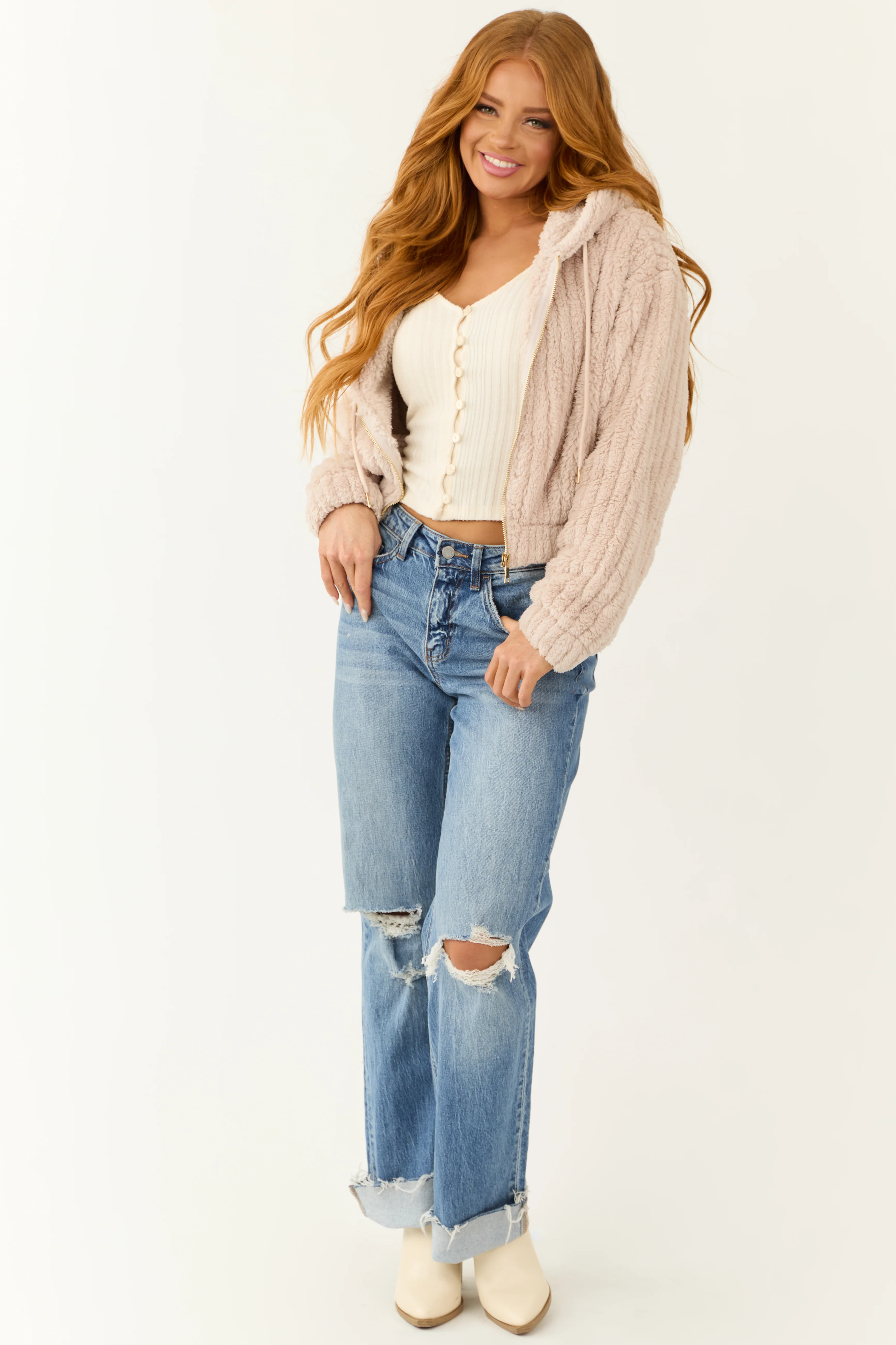Dusty Blush Hooded Ribbed Faux Fur Jacket - Image 4
