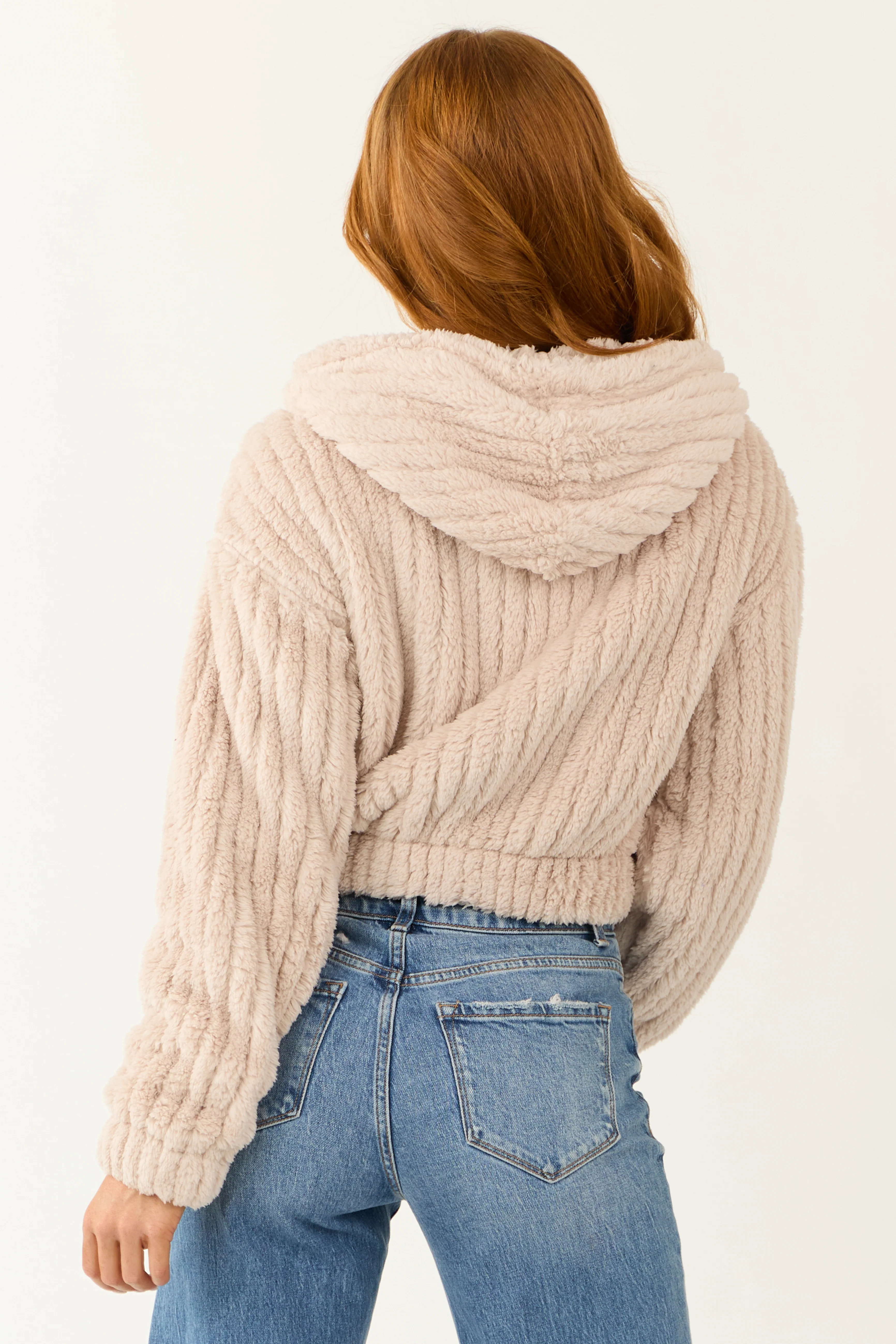 Dusty Blush Hooded Ribbed Faux Fur Jacket - Image 6