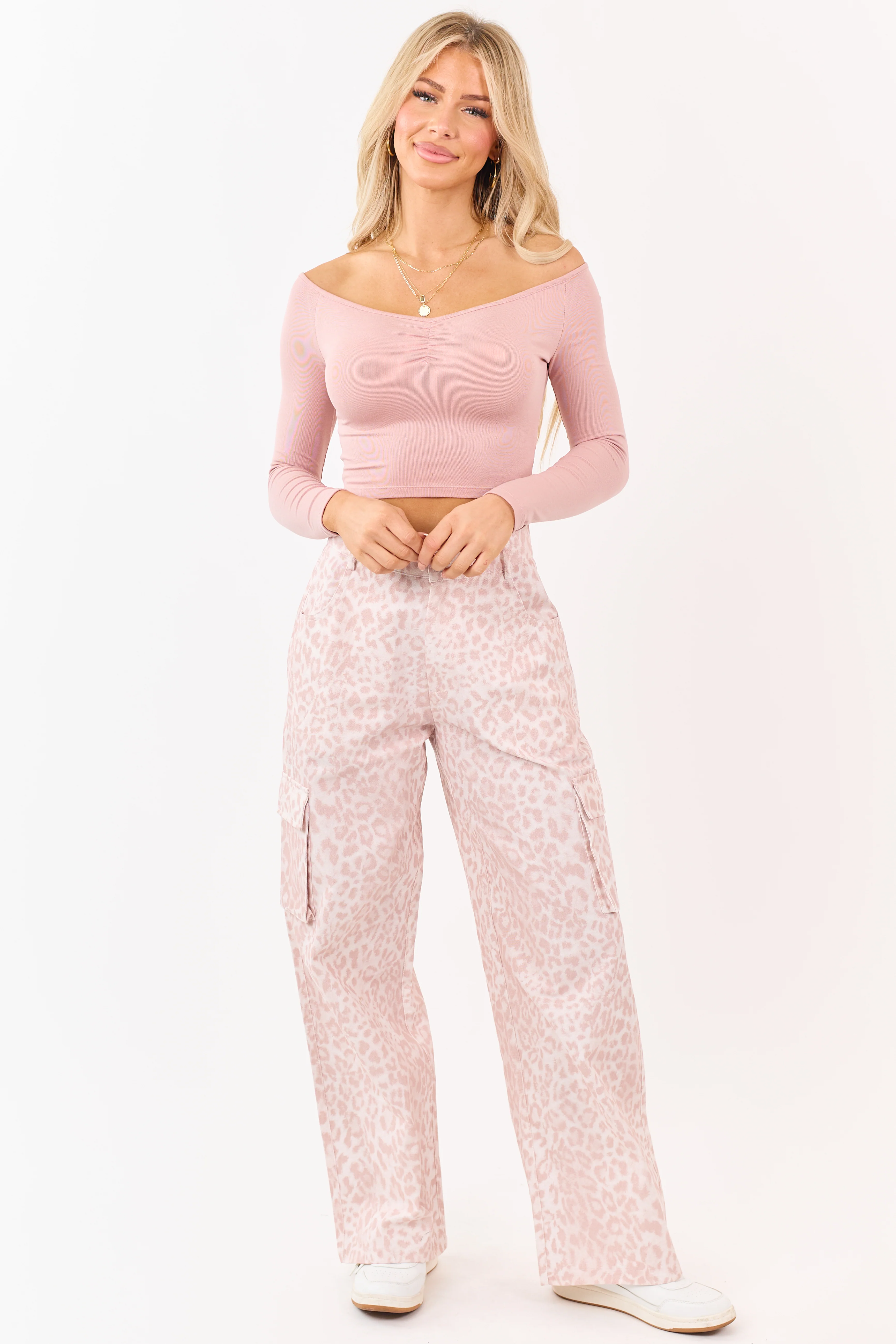 Dusty Blush Off Shoulder Ruched Long Sleeve Crop Top - Image 3