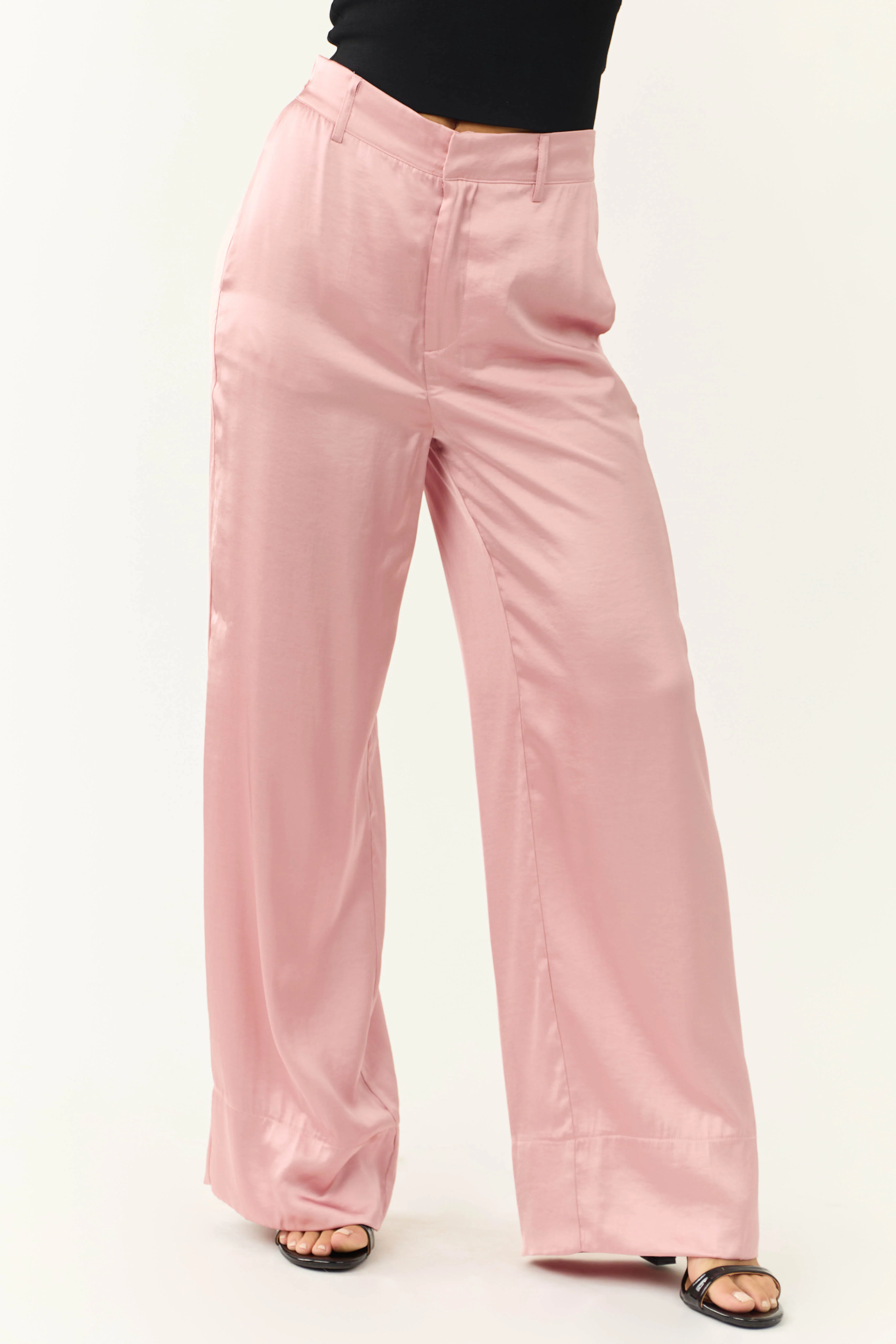 Dusty Blush Satin High Waist Wide Leg Pants - Image 2