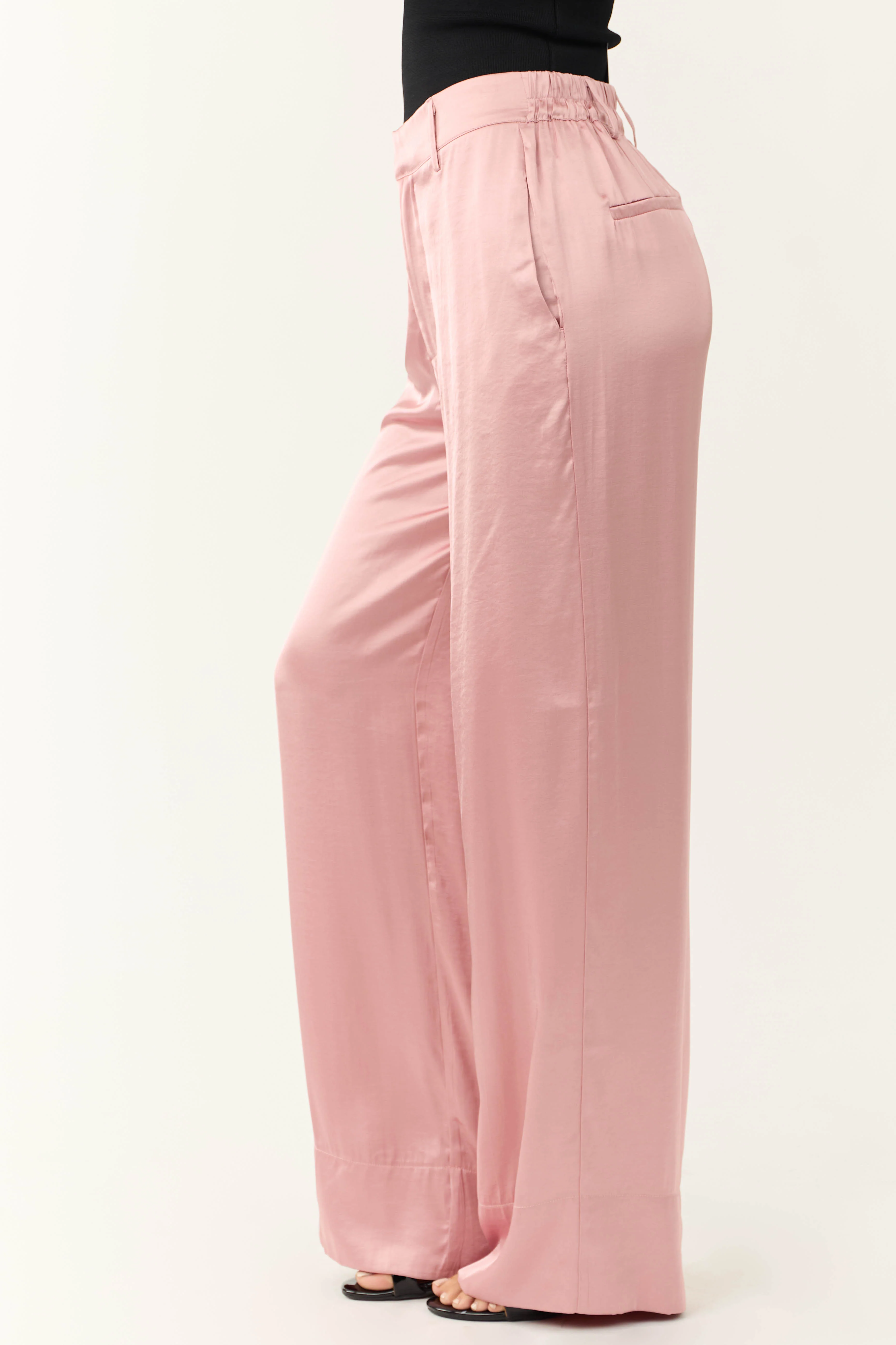 Dusty Blush Satin High Waist Wide Leg Pants - Image 3