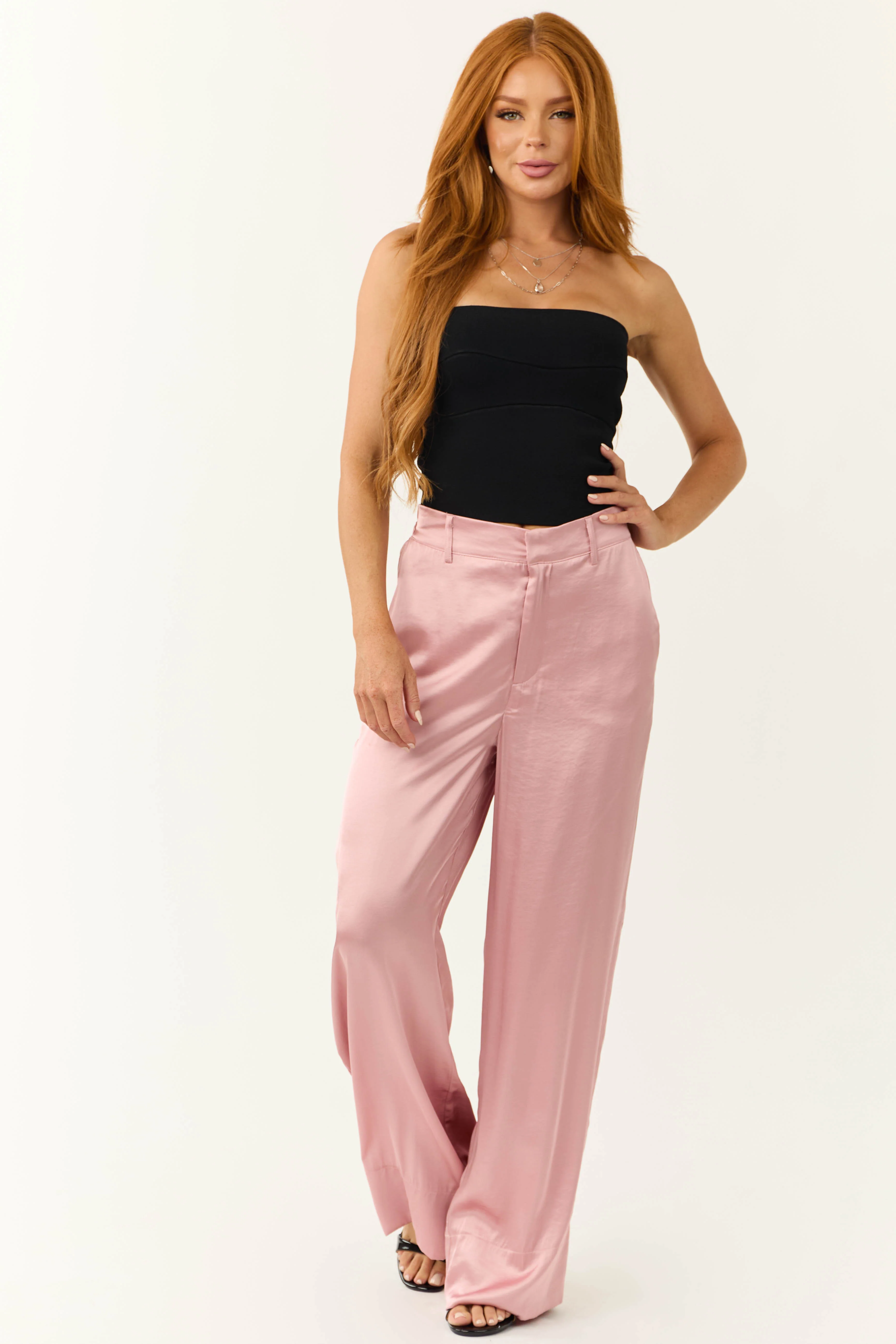 Dusty Blush Satin High Waist Wide Leg Pants - Image 5