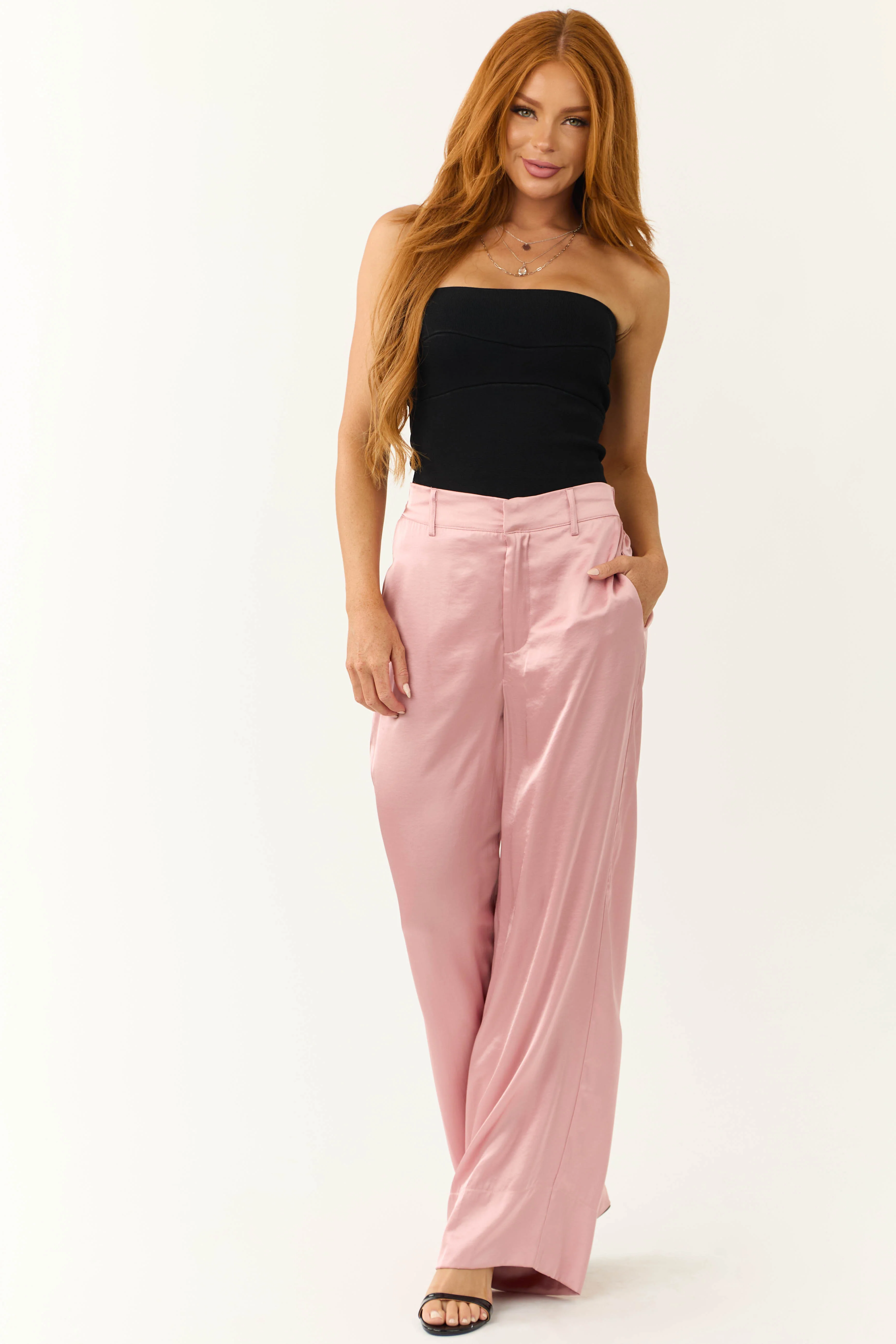 Dusty Blush Satin High Waist Wide Leg Pants - Image 6
