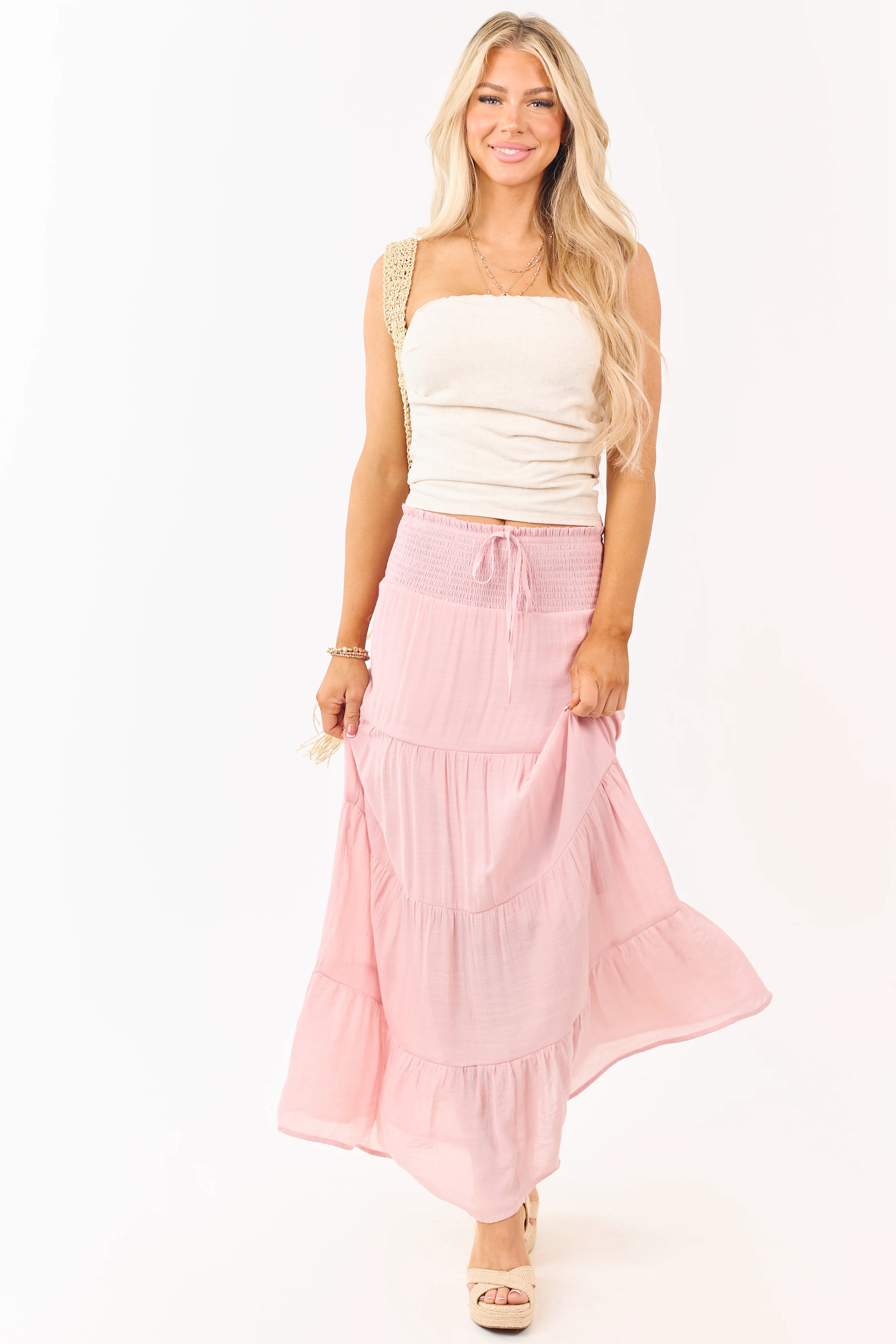 Dusty Blush Smocked Waist Tiered Maxi Skirt
