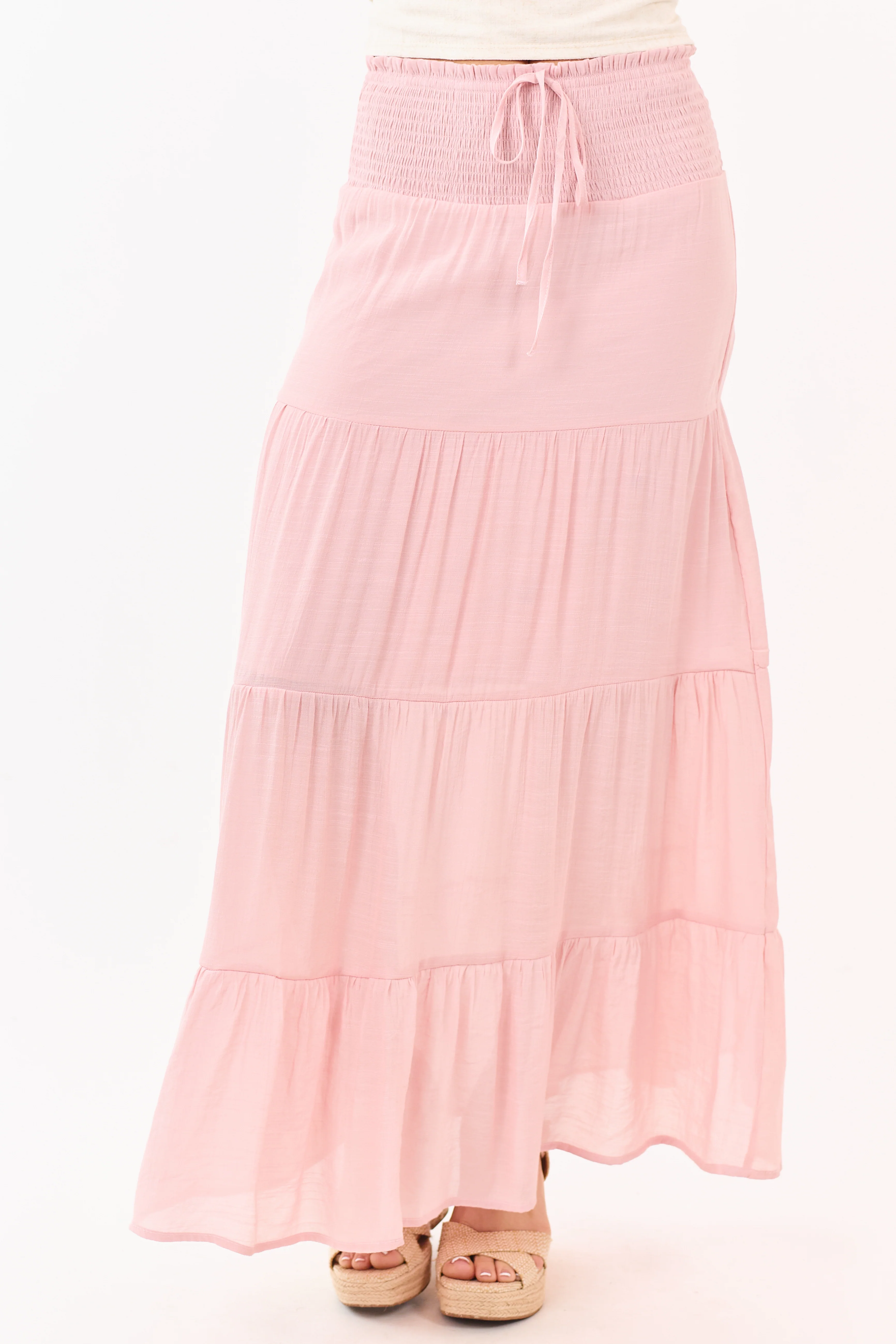 Dusty Blush Smocked Waist Tiered Maxi Skirt - Image 2