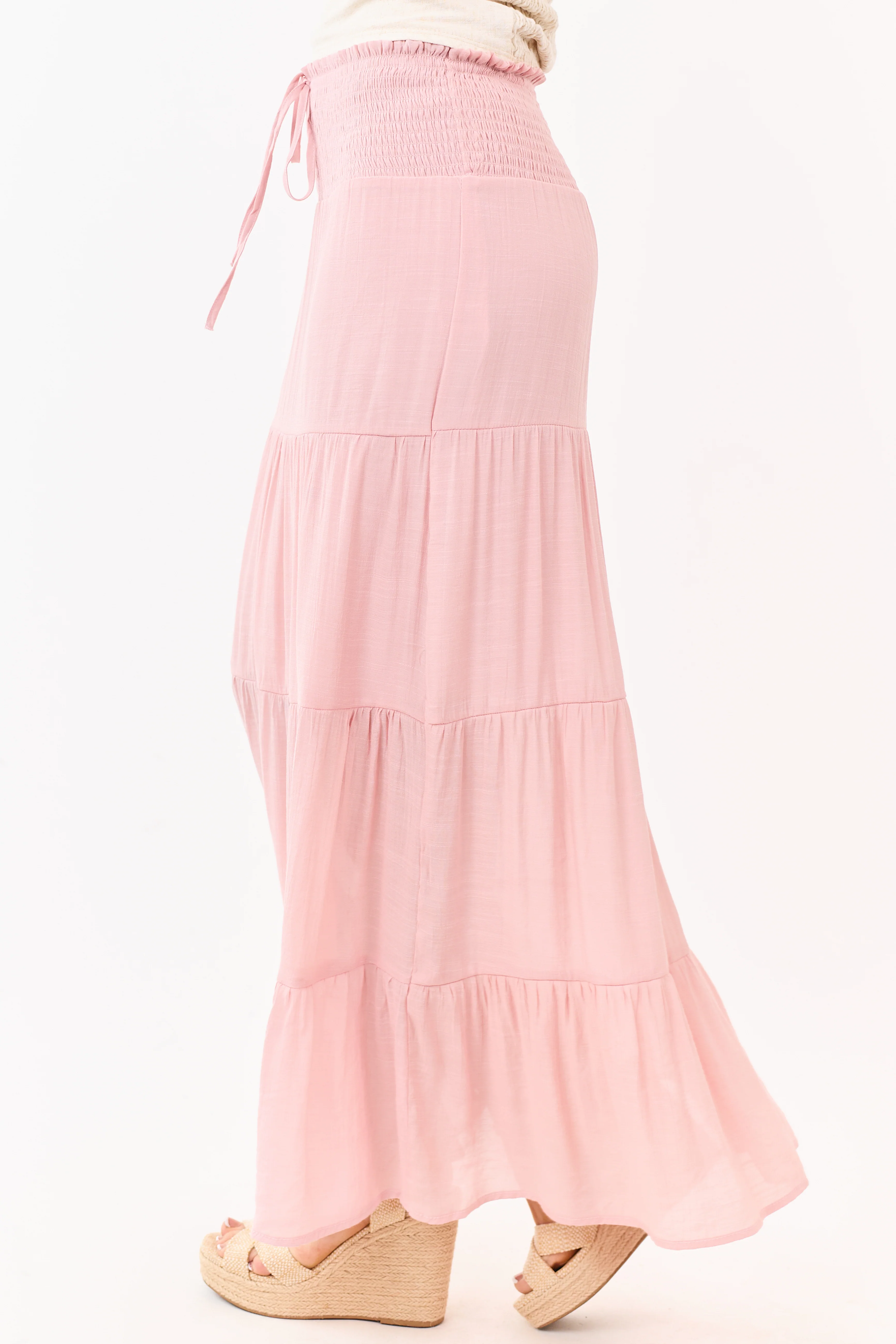 Dusty Blush Smocked Waist Tiered Maxi Skirt - Image 3