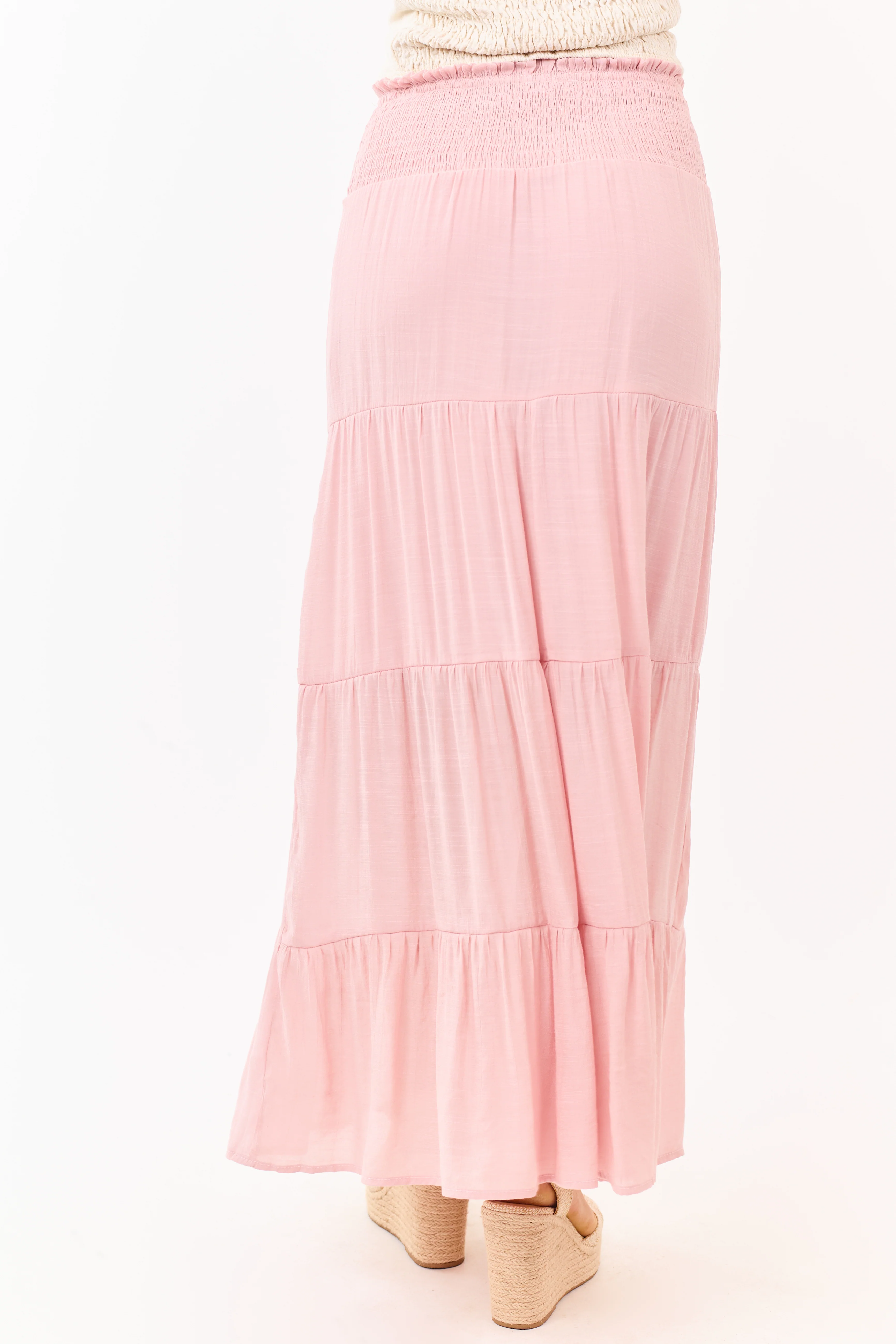 Dusty Blush Smocked Waist Tiered Maxi Skirt - Image 4