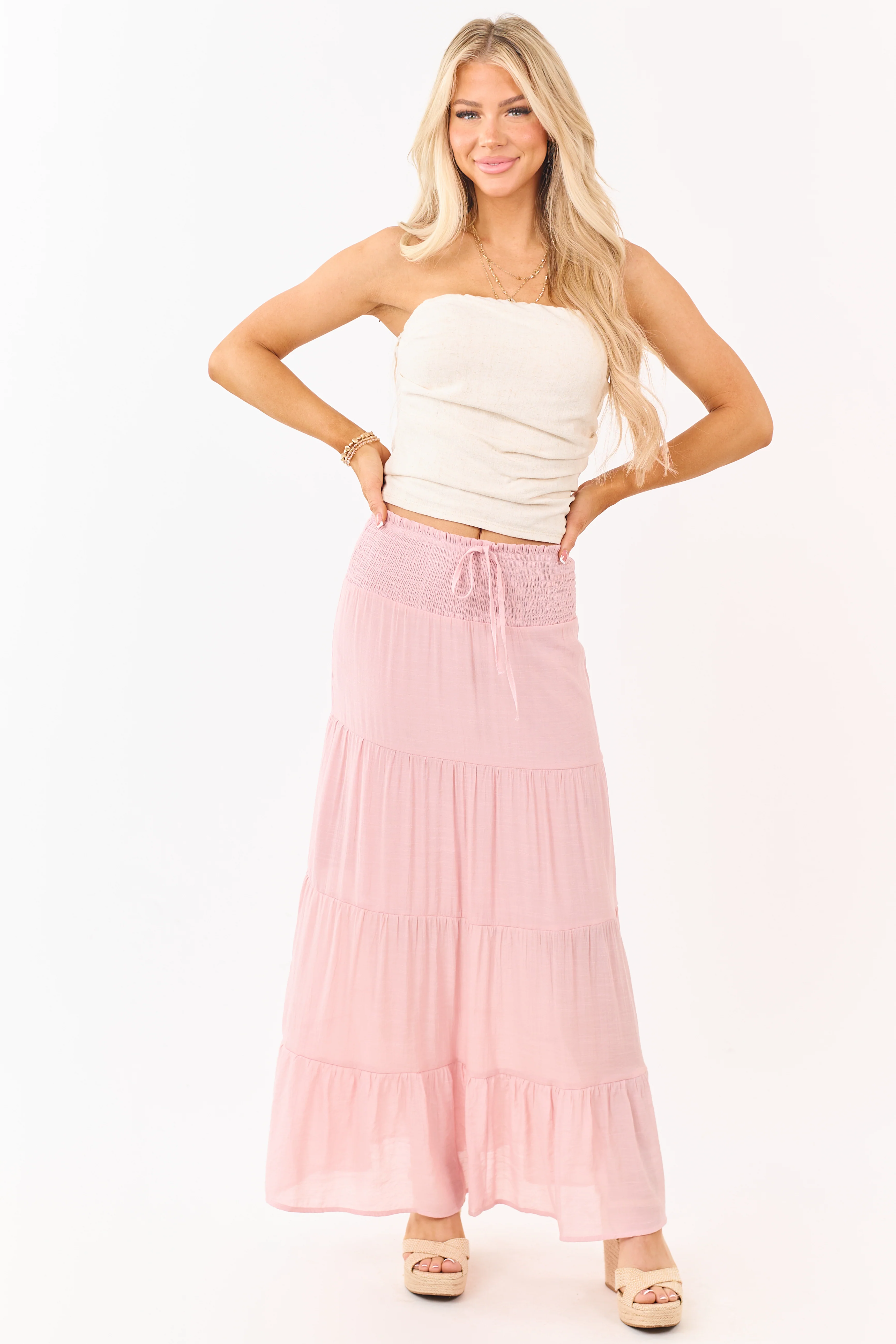 Dusty Blush Smocked Waist Tiered Maxi Skirt - Image 6