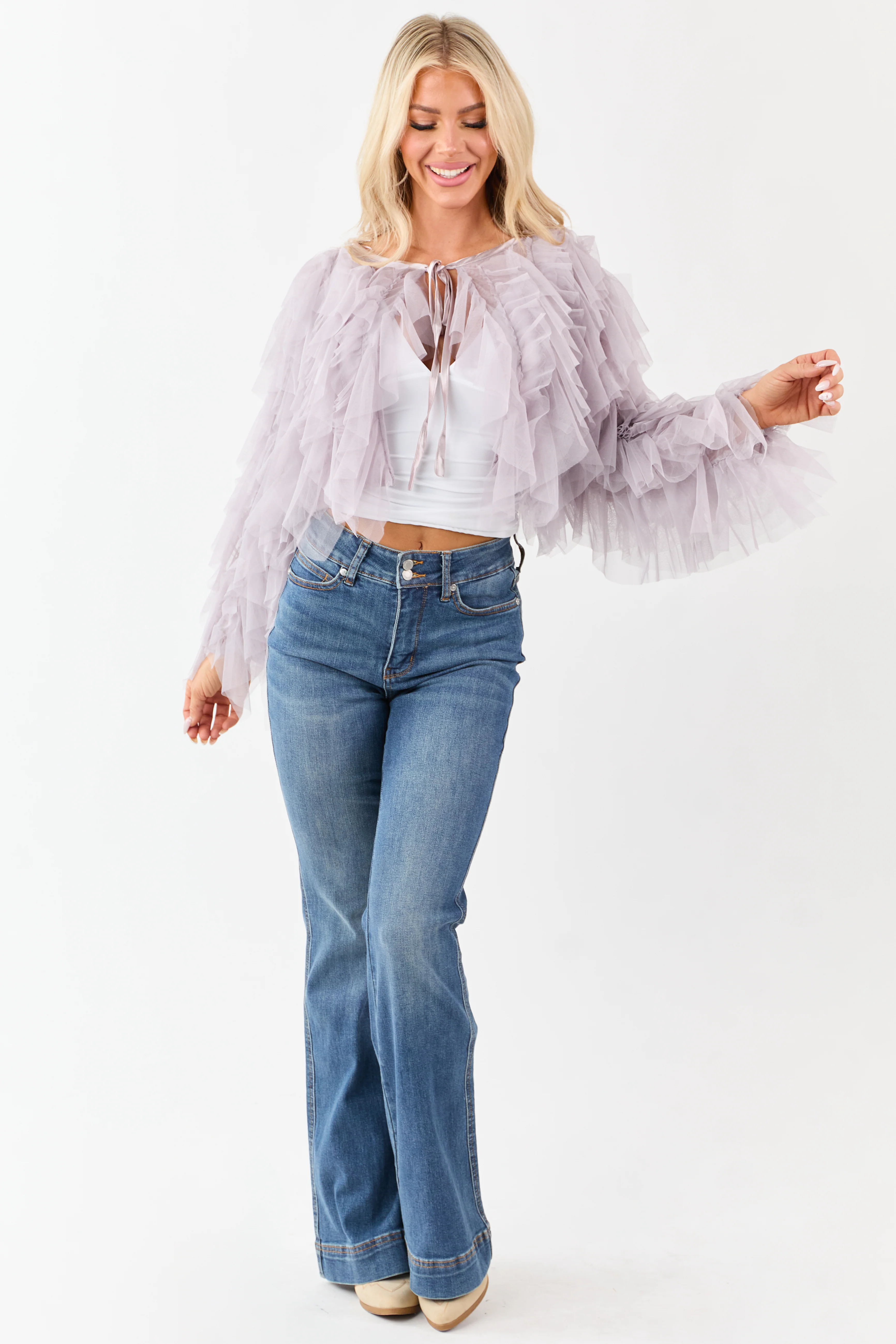 Dusty Lavender Tulle Ruffle Cropped Cardigan - Image 2