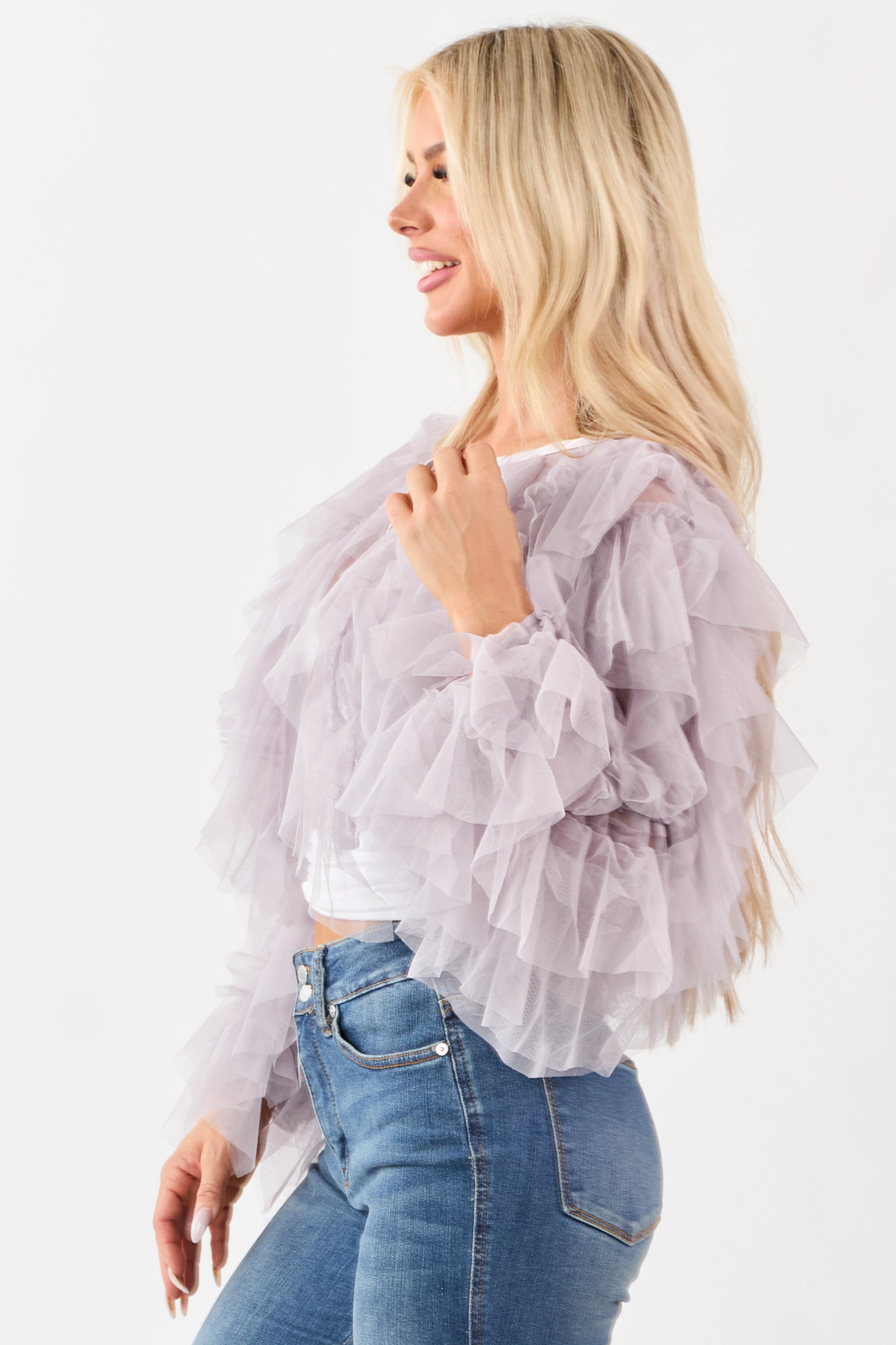 Dusty Lavender Tulle Ruffle Cropped Cardigan - Image 4