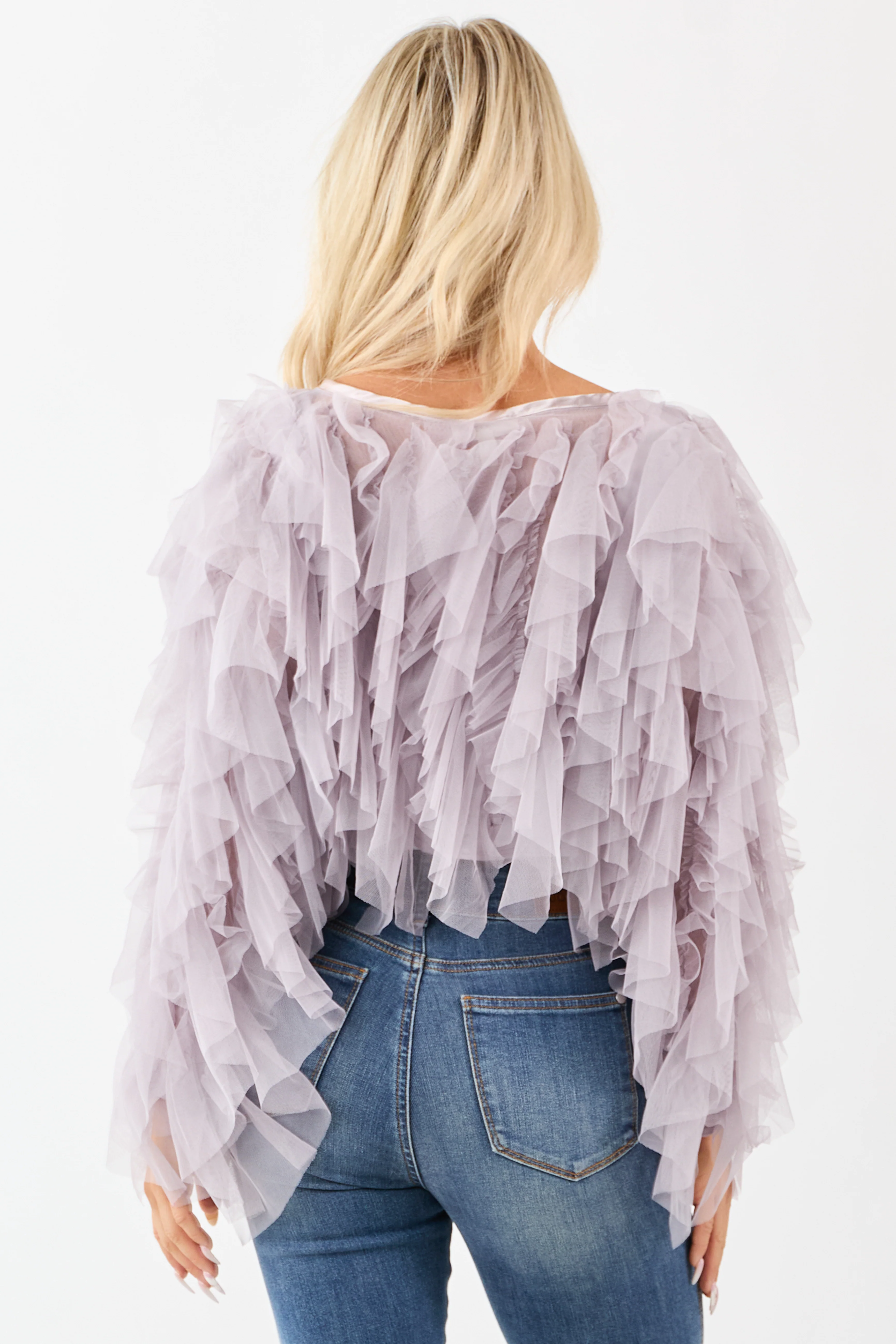 Dusty Lavender Tulle Ruffle Cropped Cardigan - Image 5