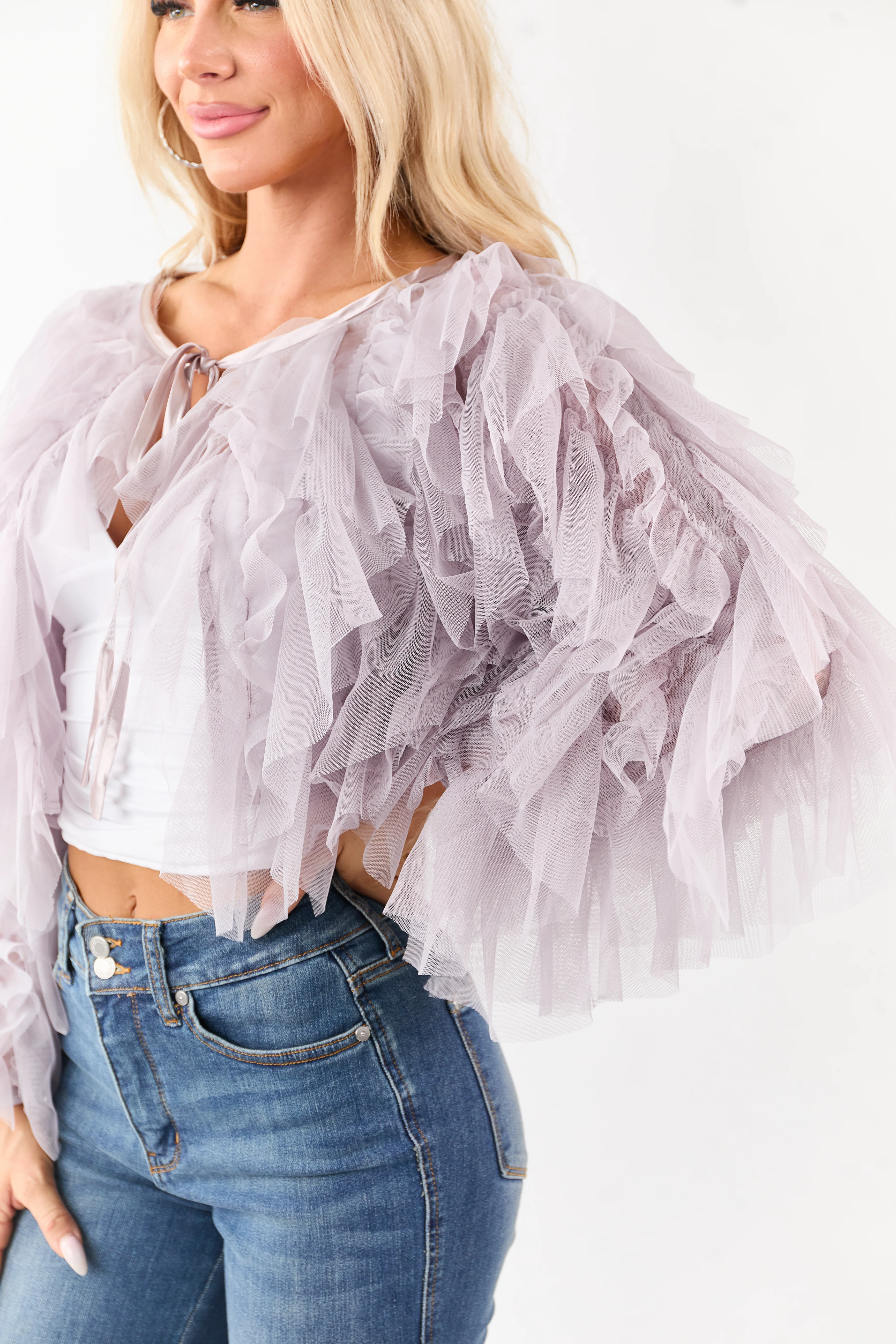 Dusty Lavender Tulle Ruffle Cropped Cardigan - Image 6