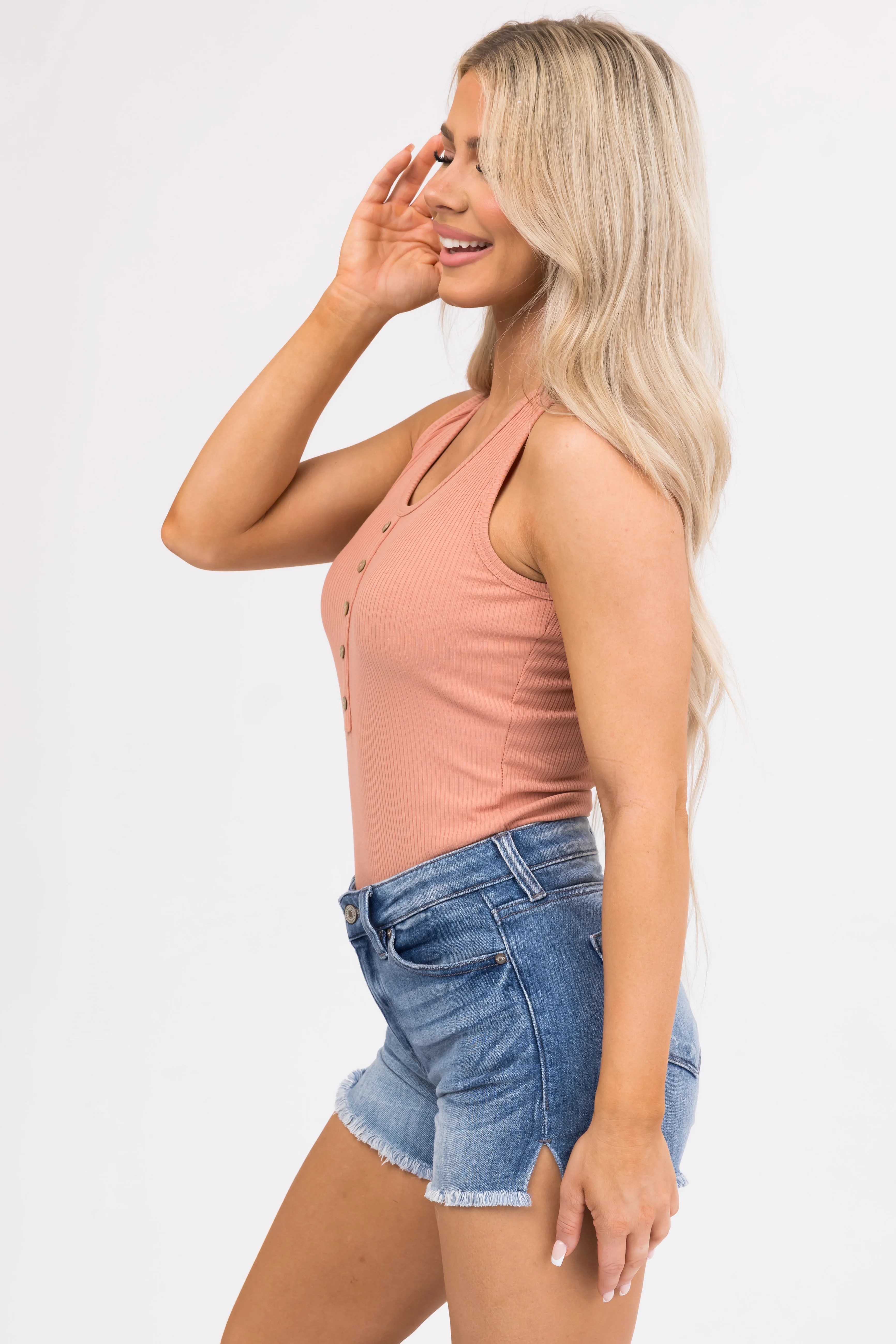 Dusty Peach Sleeveless Ribbed Knit Bodysuit - Image 2