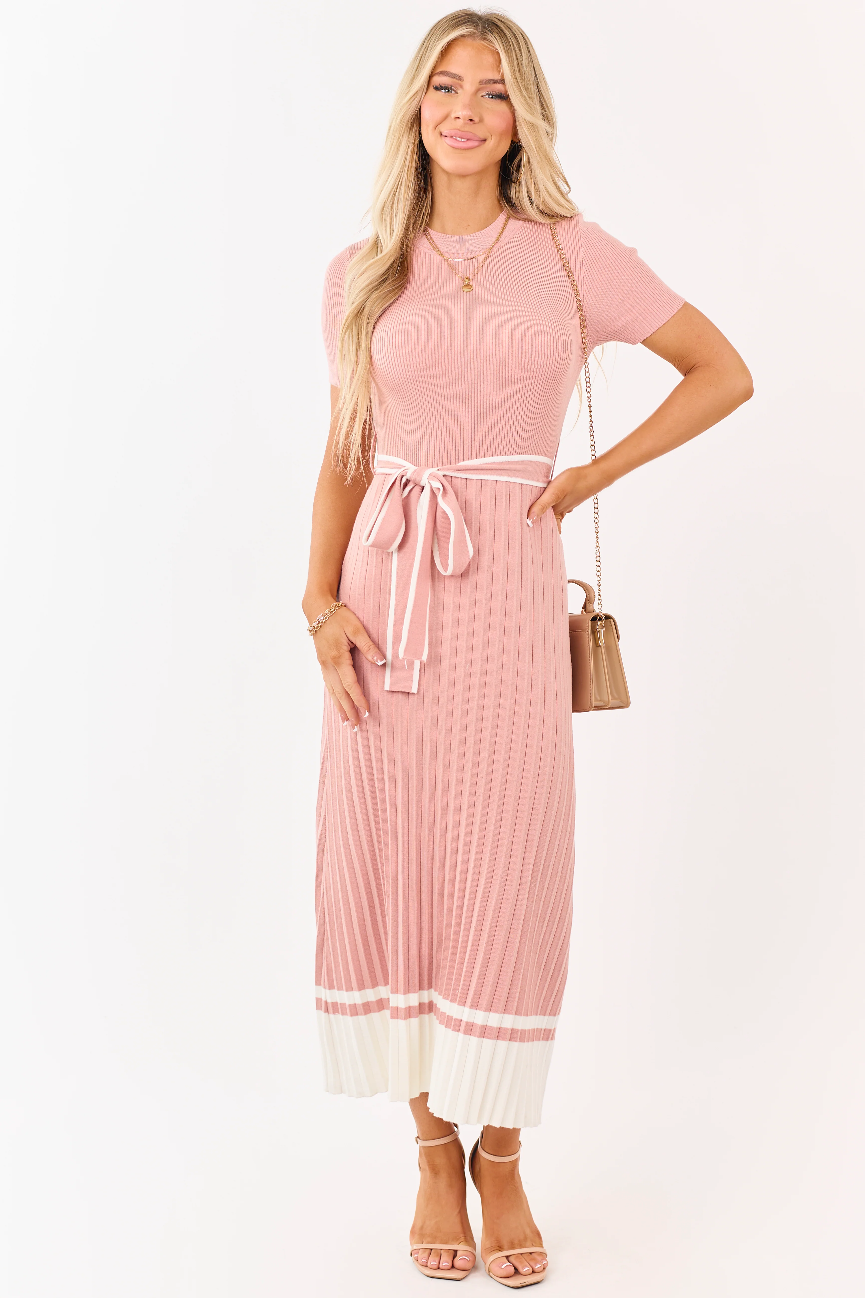 Dusty Punch Pleated Rib Knit Waist Tie Midi Dress - Image 2