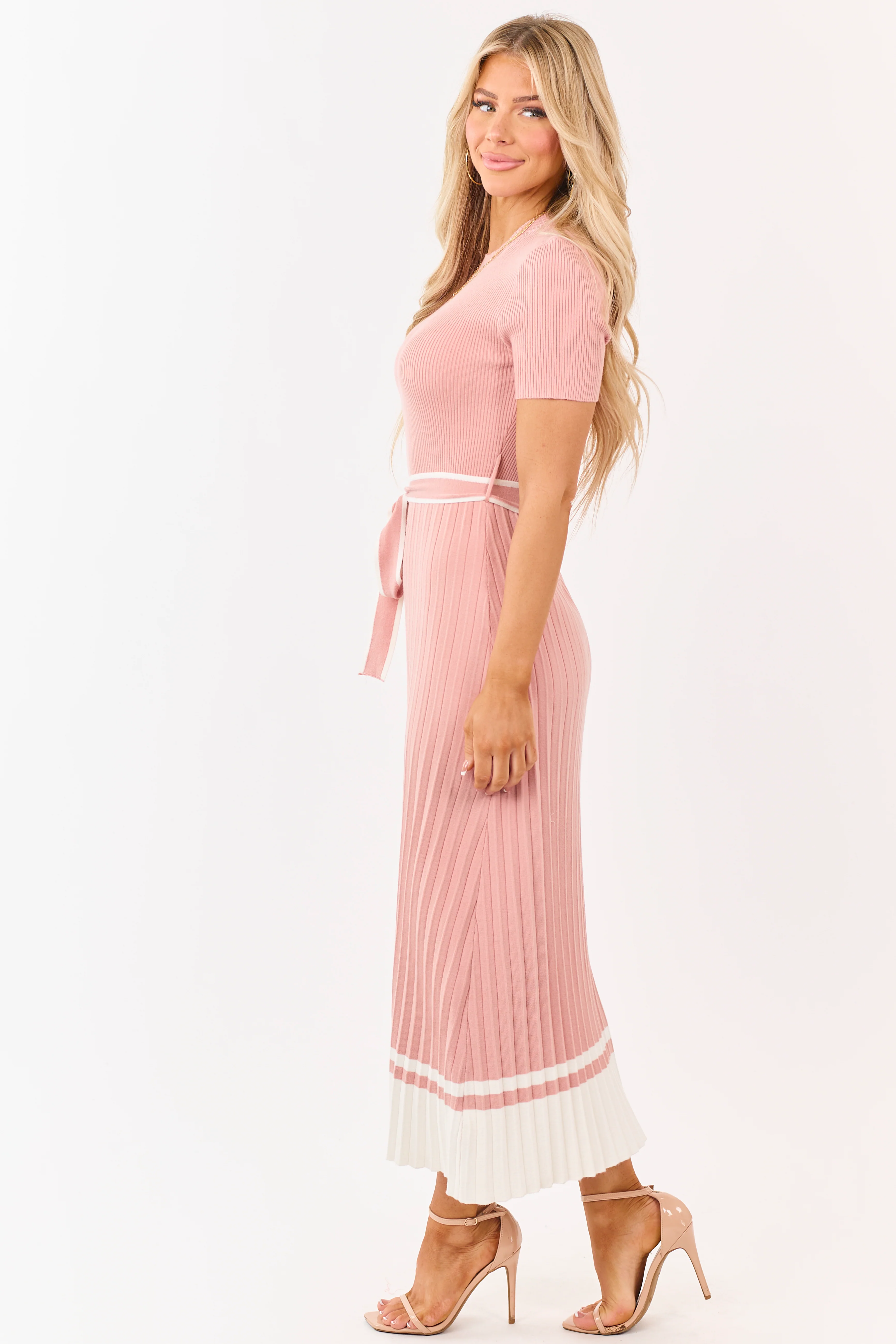 Dusty Punch Pleated Rib Knit Waist Tie Midi Dress - Image 4