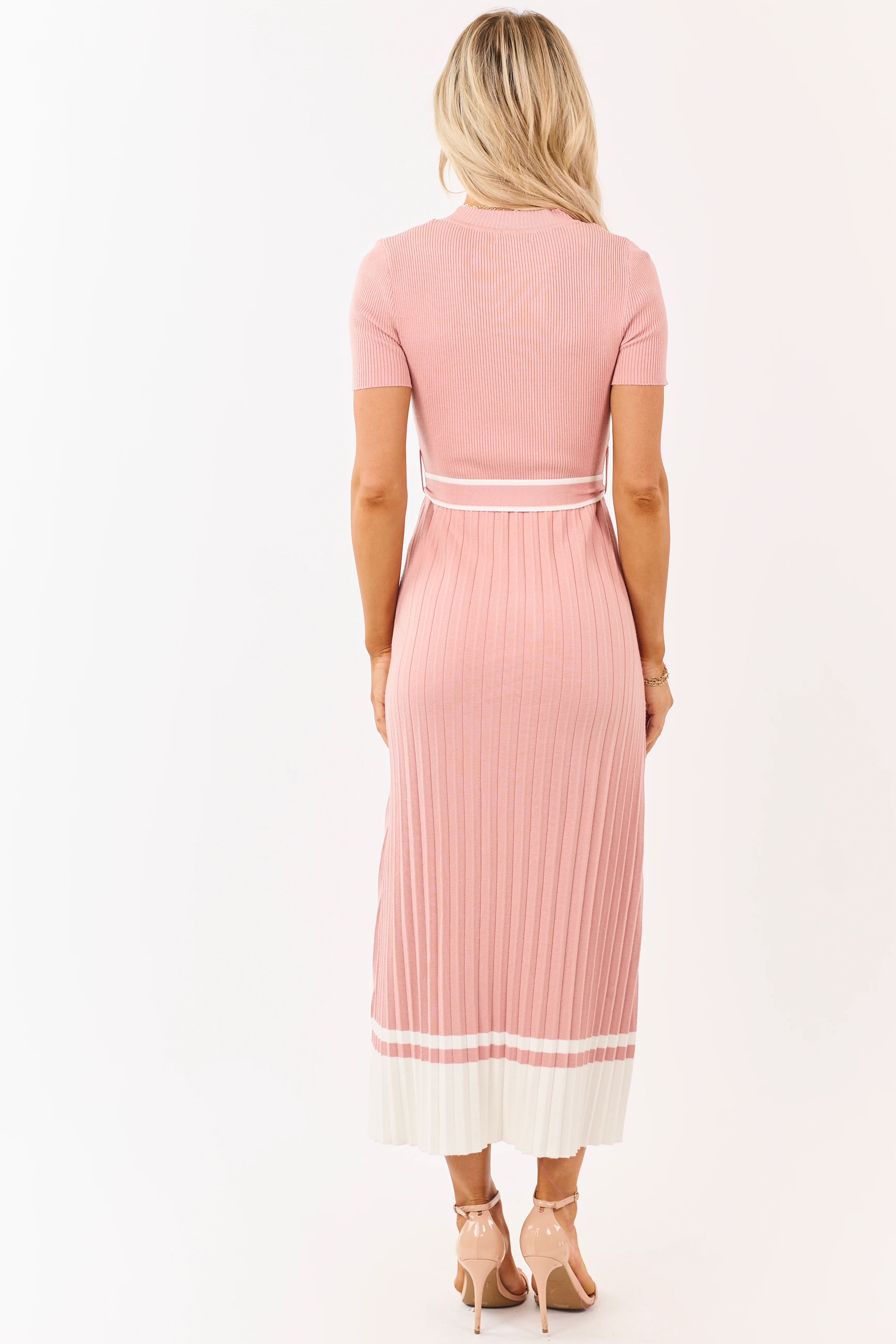 Dusty Punch Pleated Rib Knit Waist Tie Midi Dress - Image 5