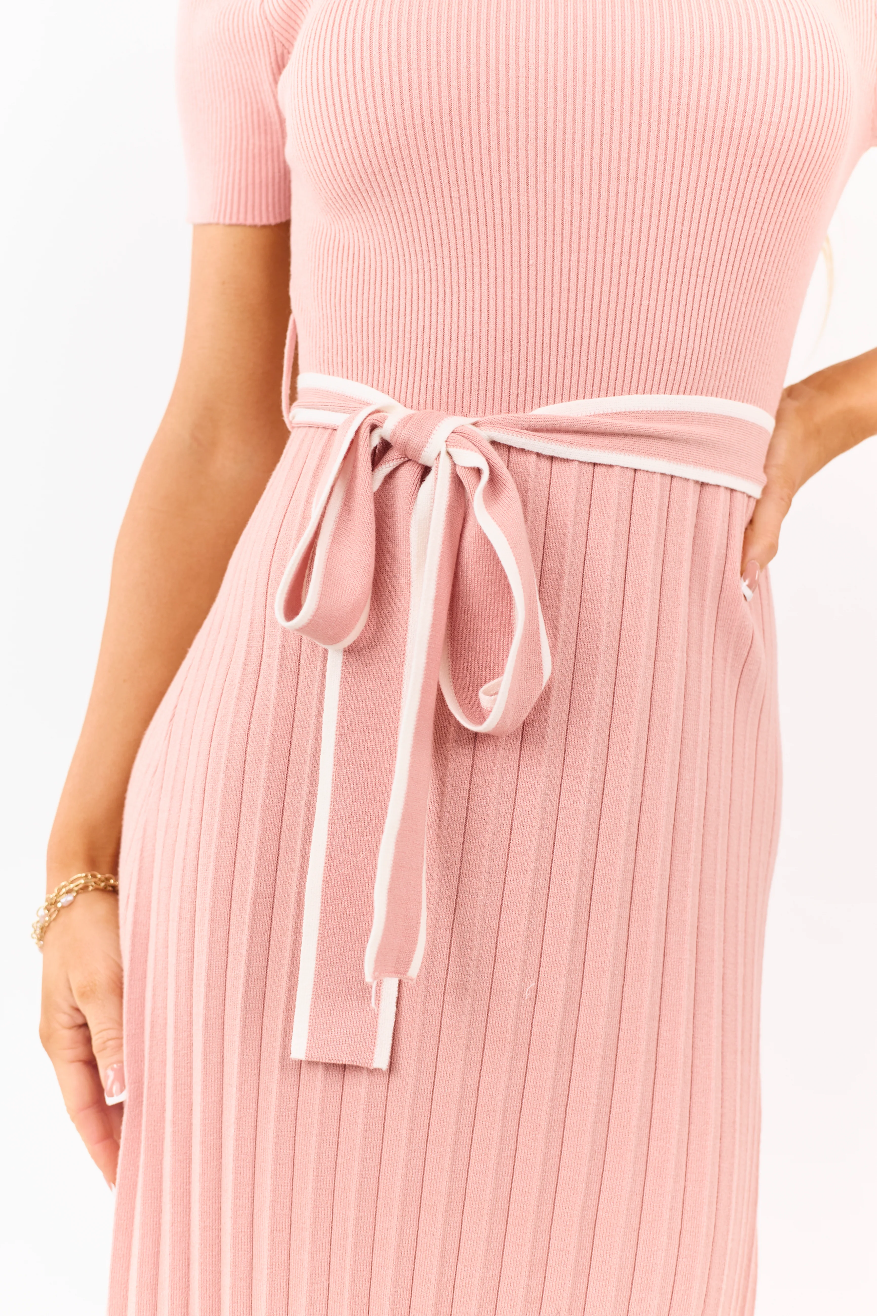Dusty Punch Pleated Rib Knit Waist Tie Midi Dress - Image 6