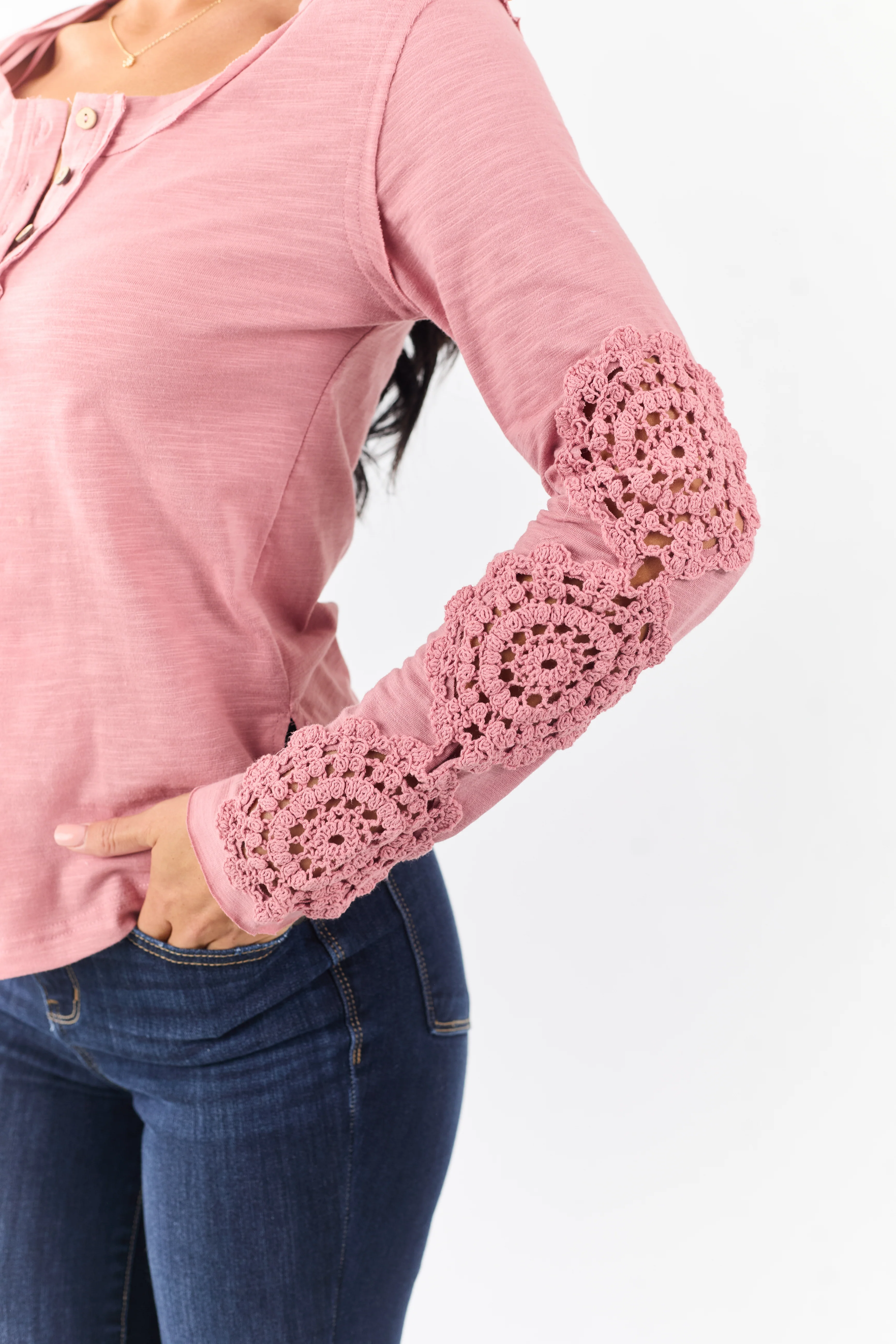 Dusty Rose Crochet Lace Sleeve Henley Cotton Top - Image 6