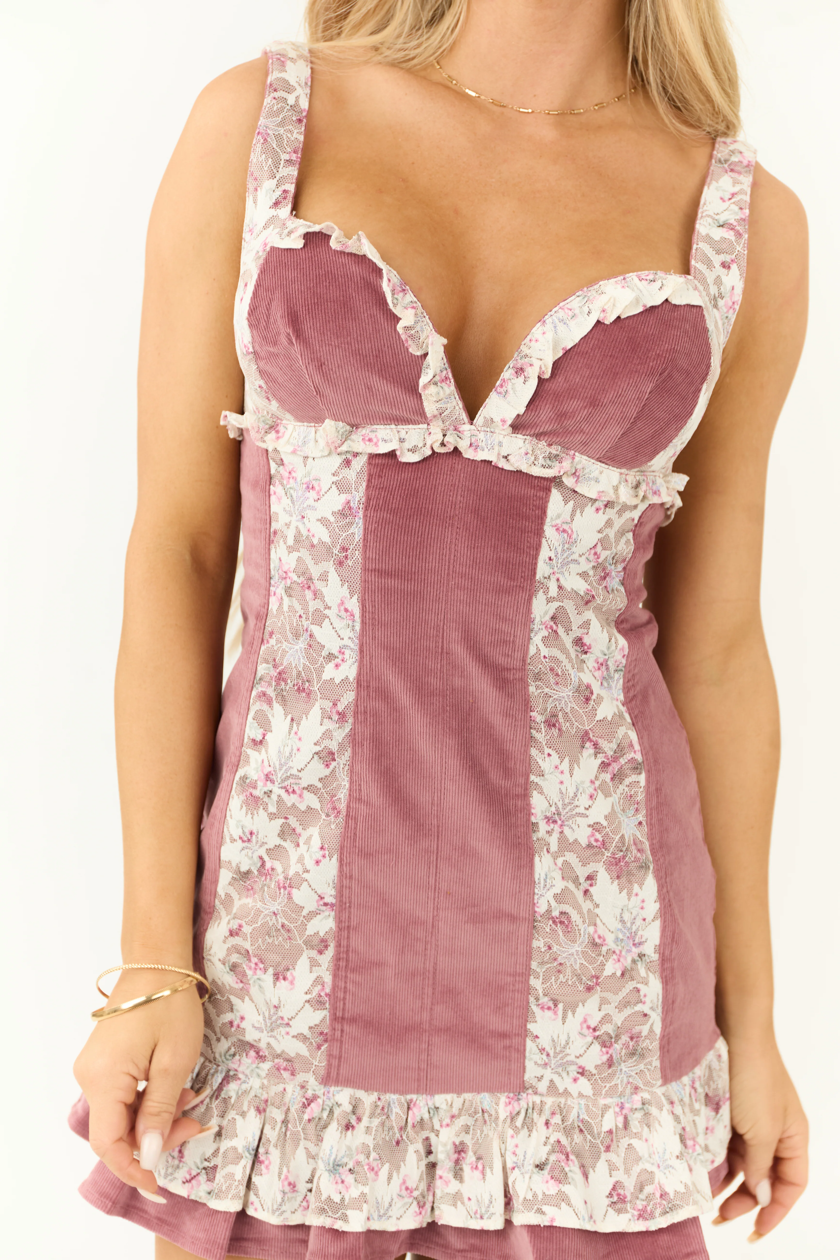 Dusty Rose Lace Ruffle Skirt Corduroy Mini Dress - Image 7