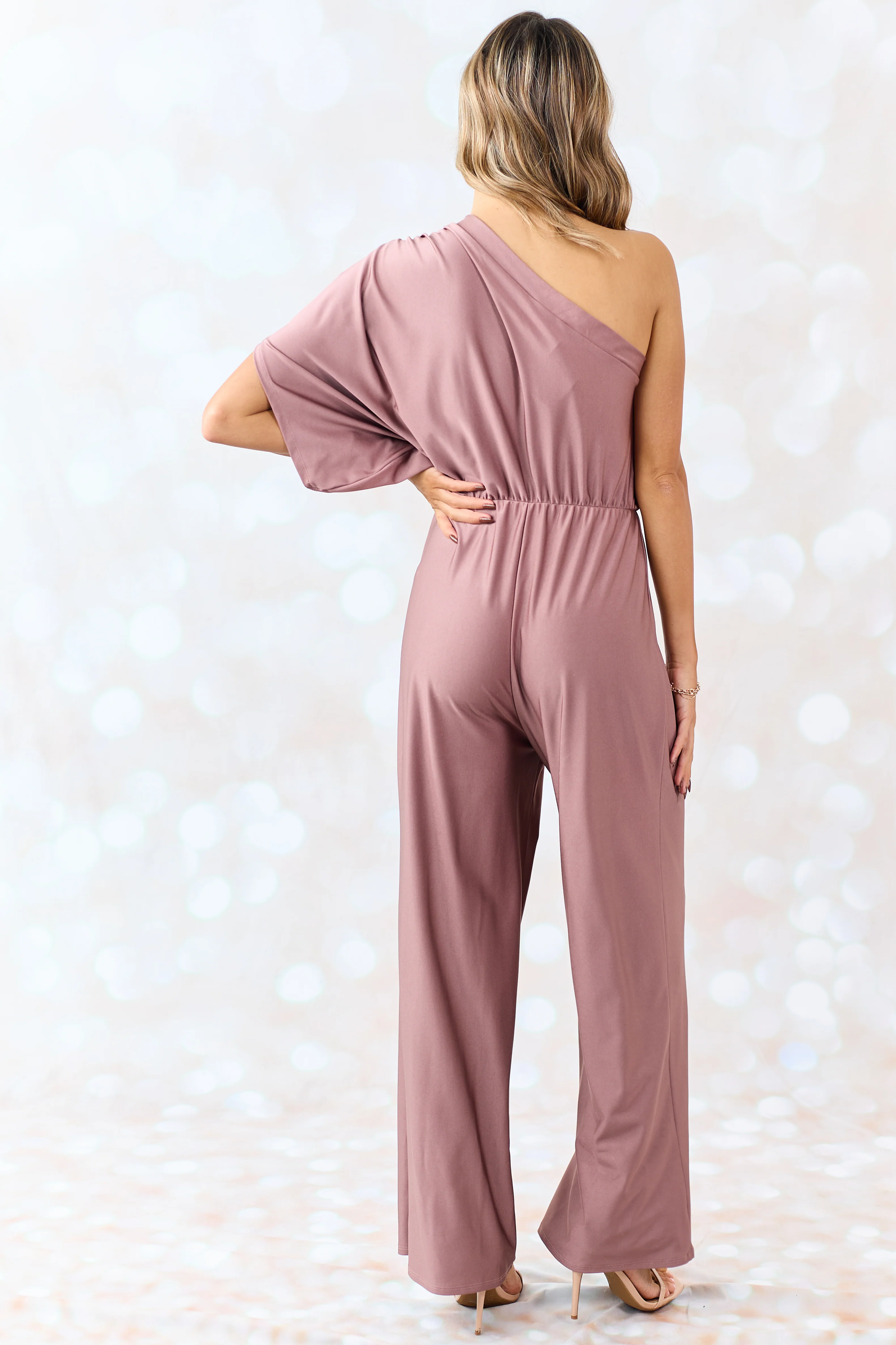 Dusty Rose One Shoulder Elastic Waist Satin Jumpsuit - Image 5