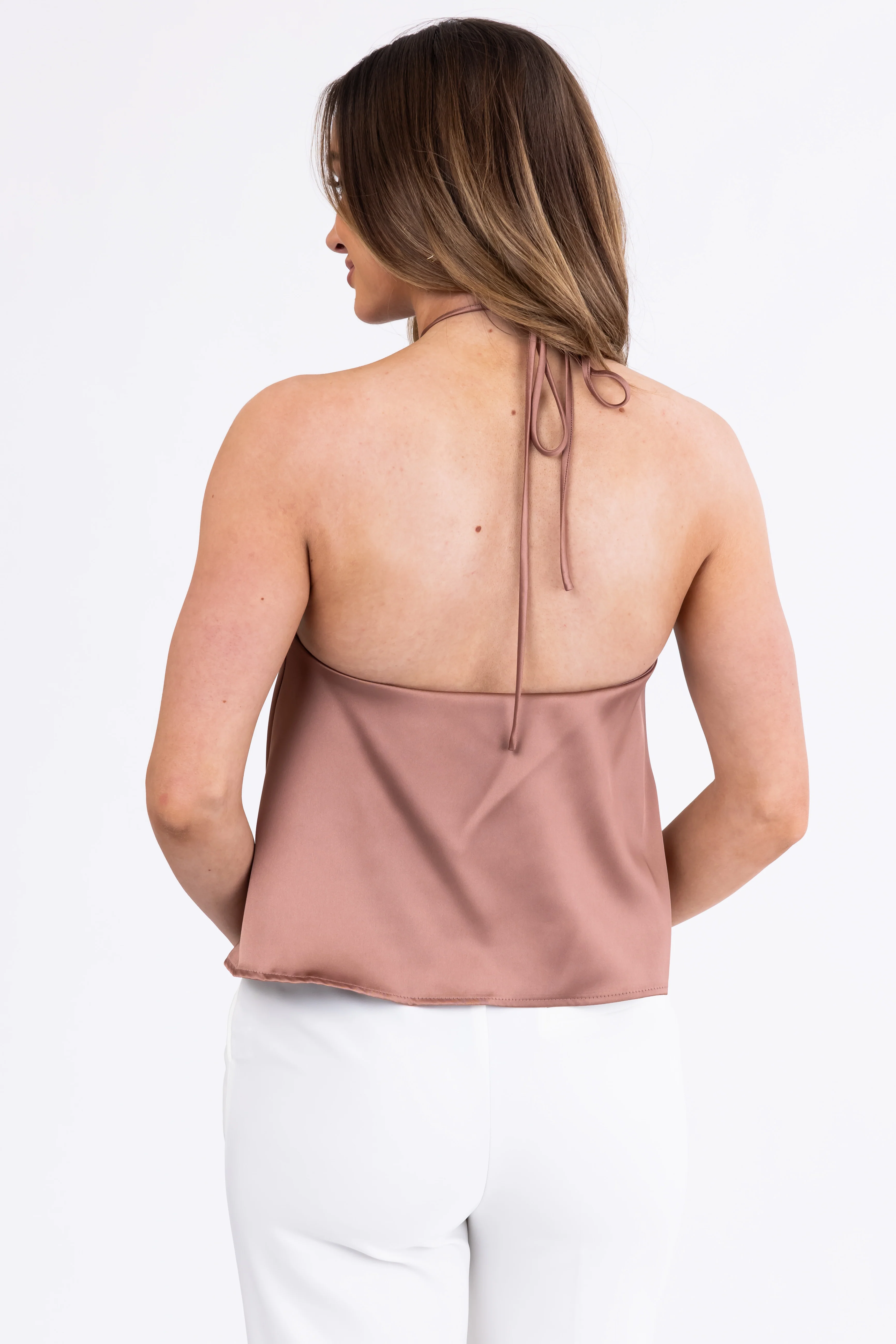 Dusty Rose Satin Halter Tank Top with Rose Accent - Image 6