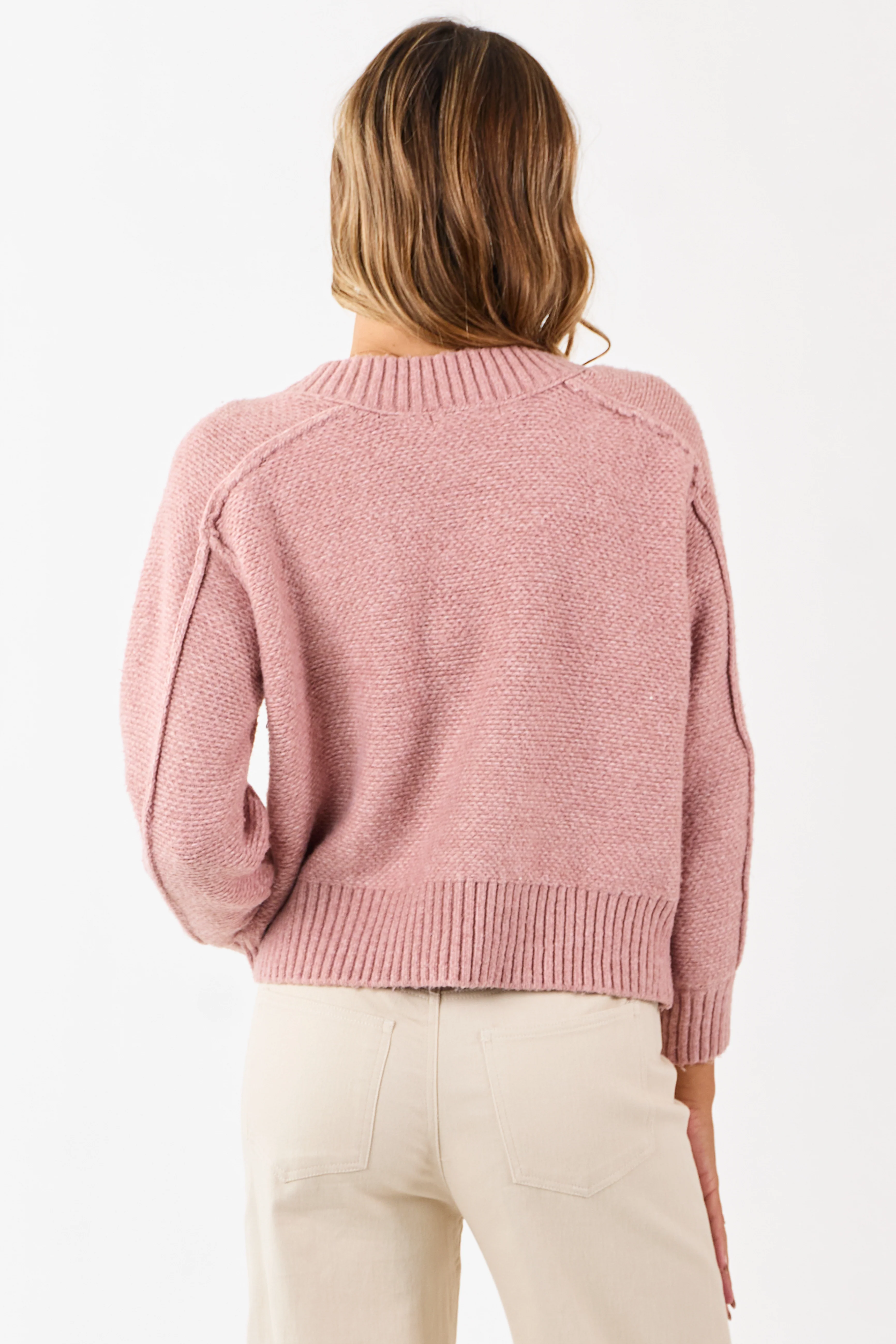 Dusty Rose V-Neck Ribbed Trim Relaxed Sweater - Image 6