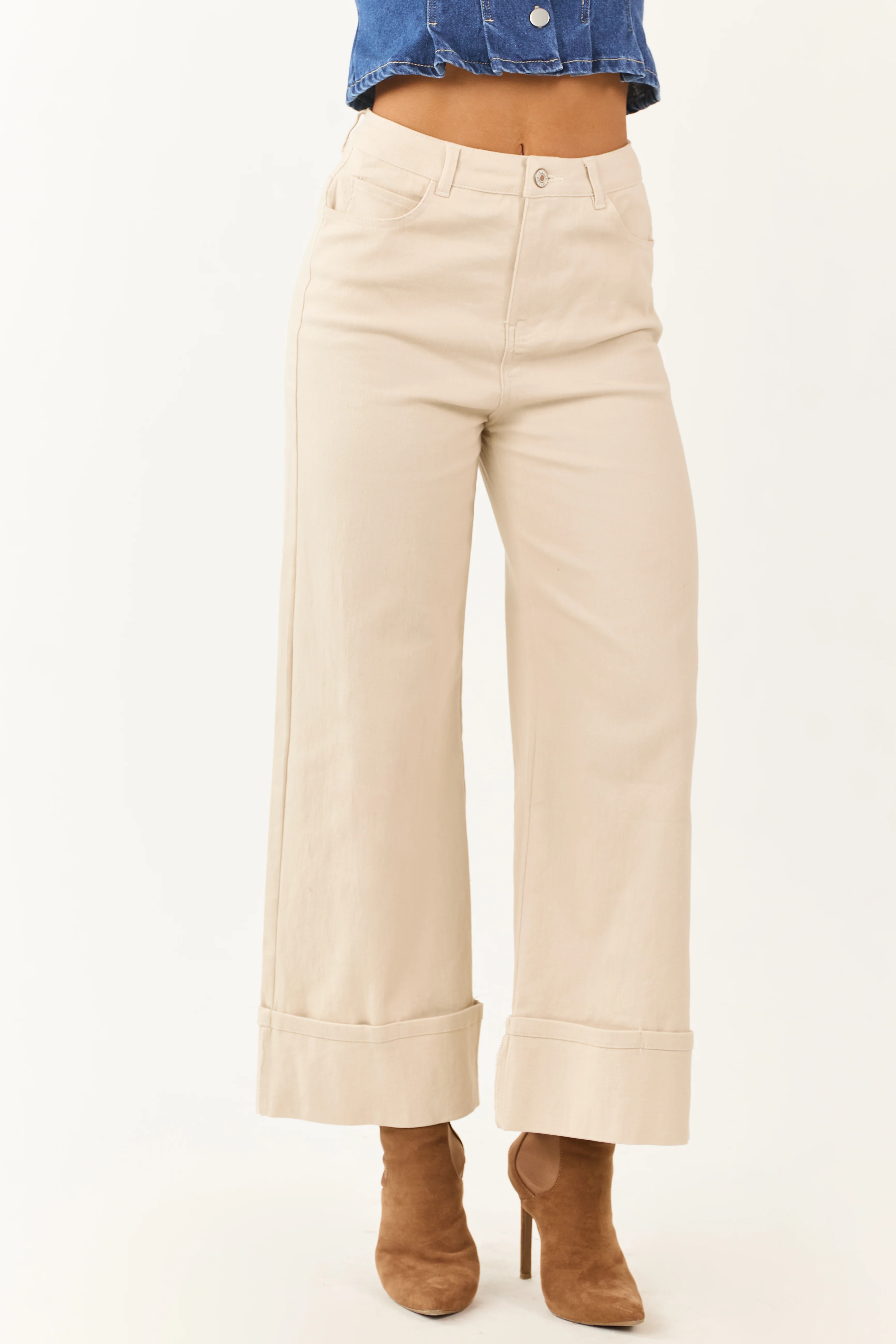 Entro Almond High Rise Cuffed Wide Leg Stretchy Jeans - Image 2