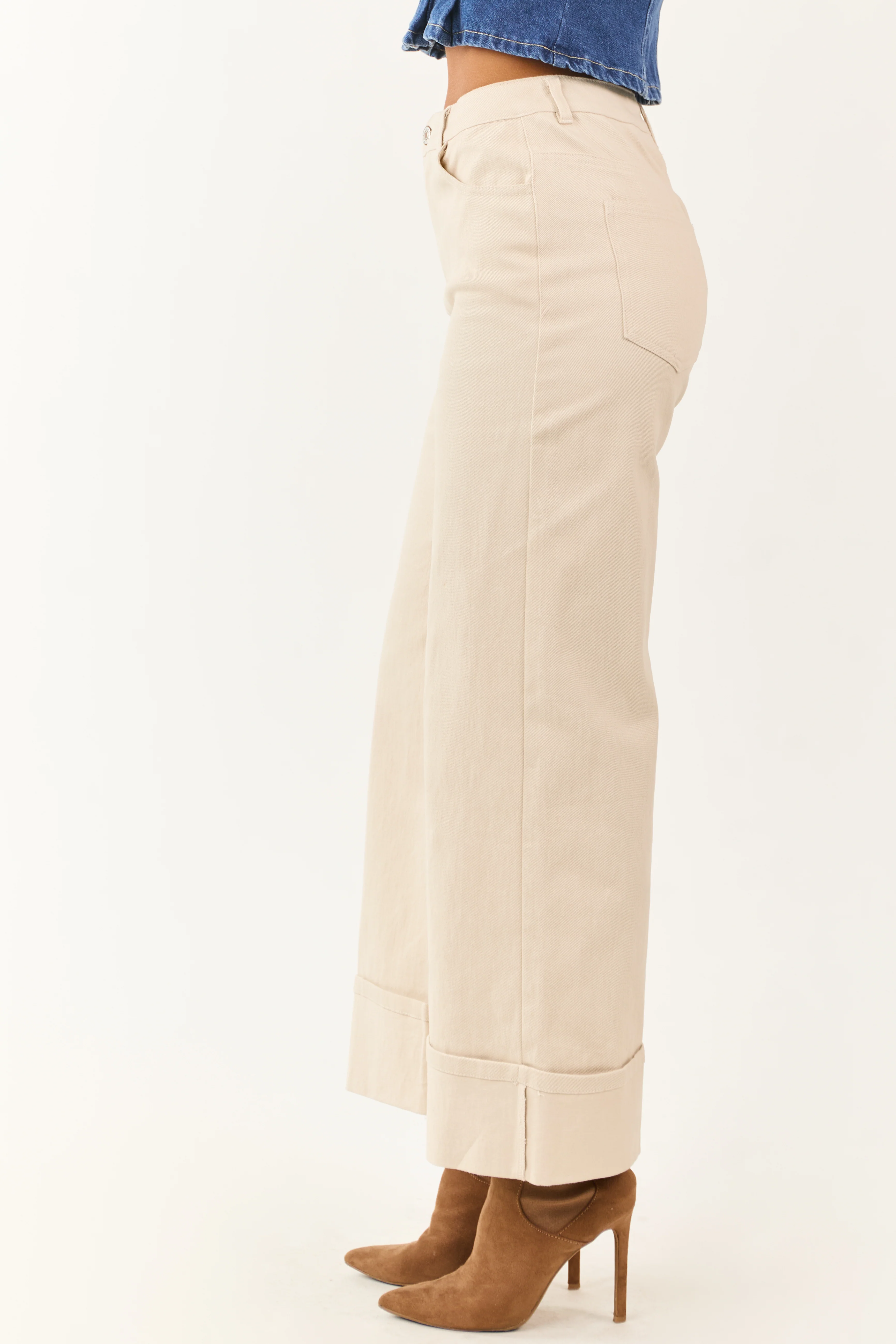 Entro Almond High Rise Cuffed Wide Leg Stretchy Jeans - Image 3