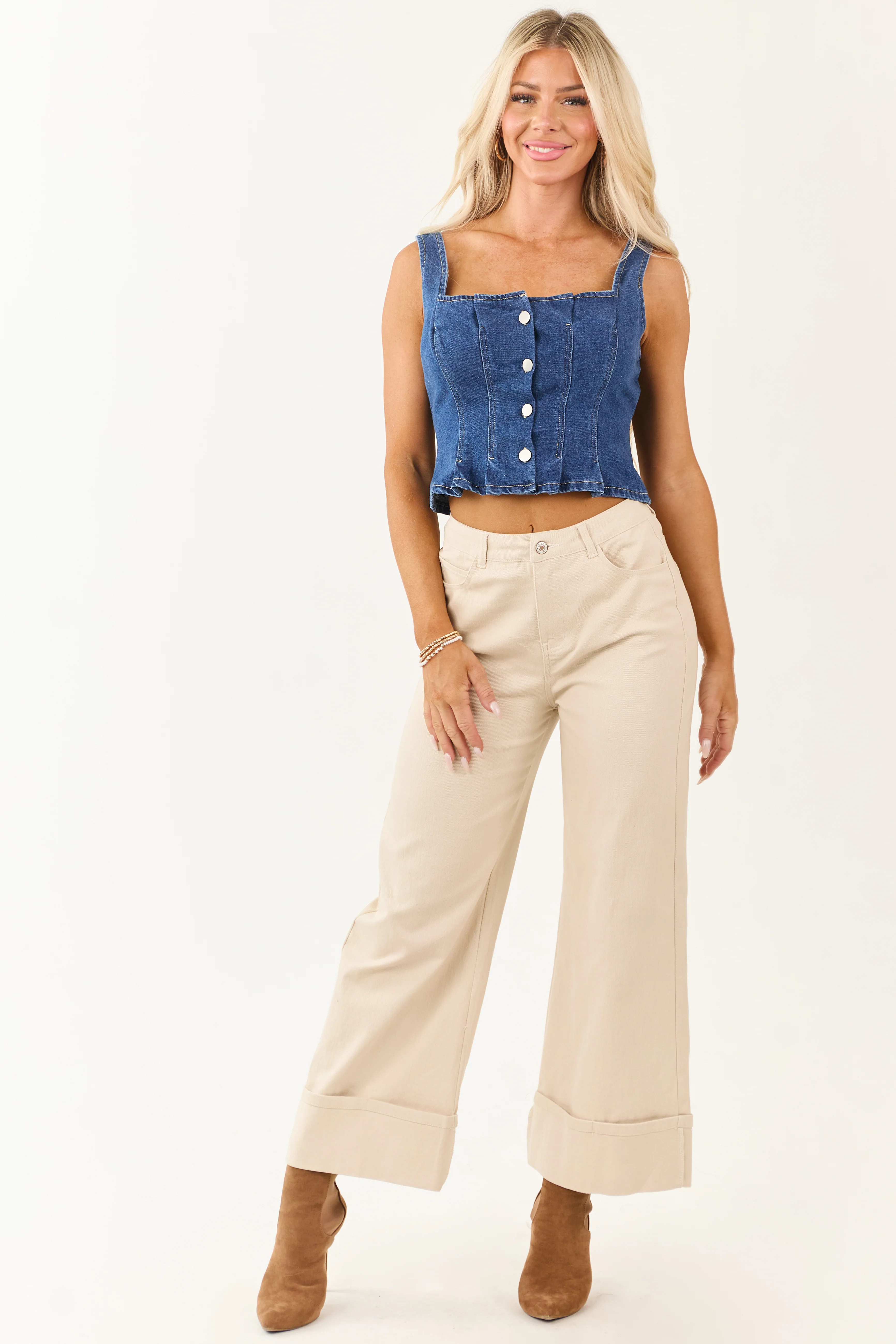 Entro Almond High Rise Cuffed Wide Leg Stretchy Jeans - Image 6