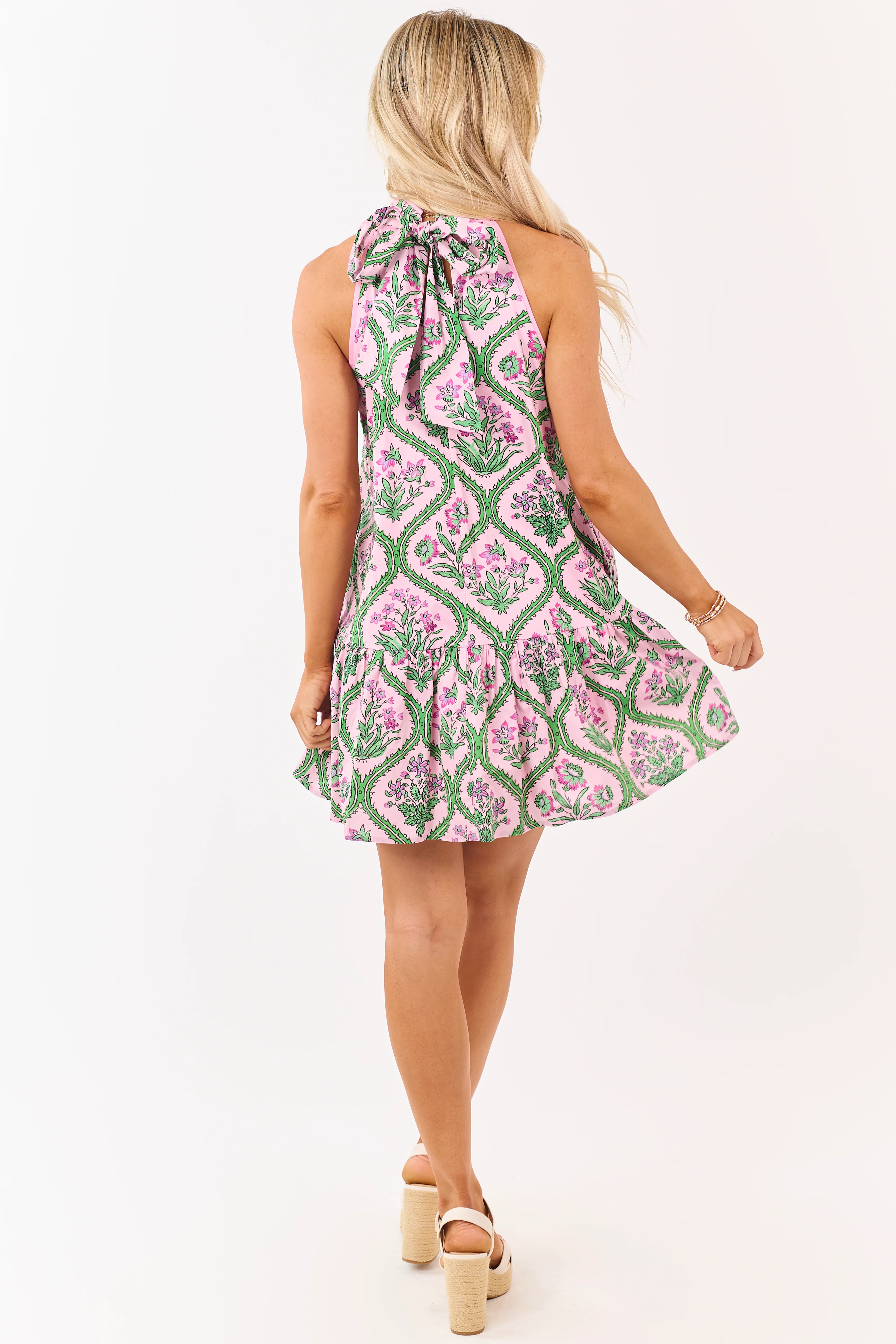 Entro Baby Pink Floral Halter Tie Cotton Mini Dress - Image 5